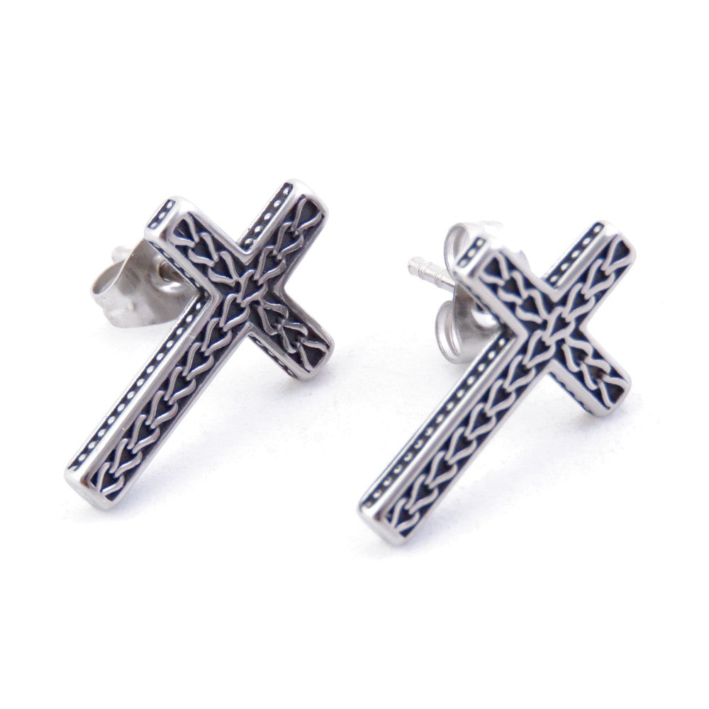PENDIENTES PARA HOMBRES EN ACERO TITANIO EN FORMA DE CRUZ 18 X 11 MM CON TUERCAS MARIPOSA