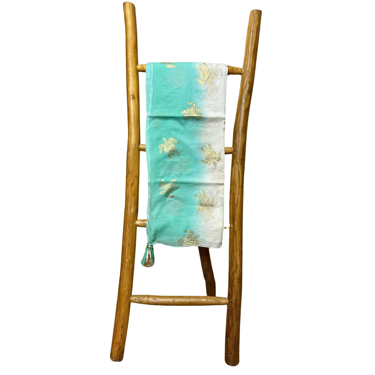 Colección Nómada Sari Mediterráneo - Pareo - Diseño de Tortuga en Blanco, Turquesa y Oro - Tienda Online de Productos Naturales y Ecológicos