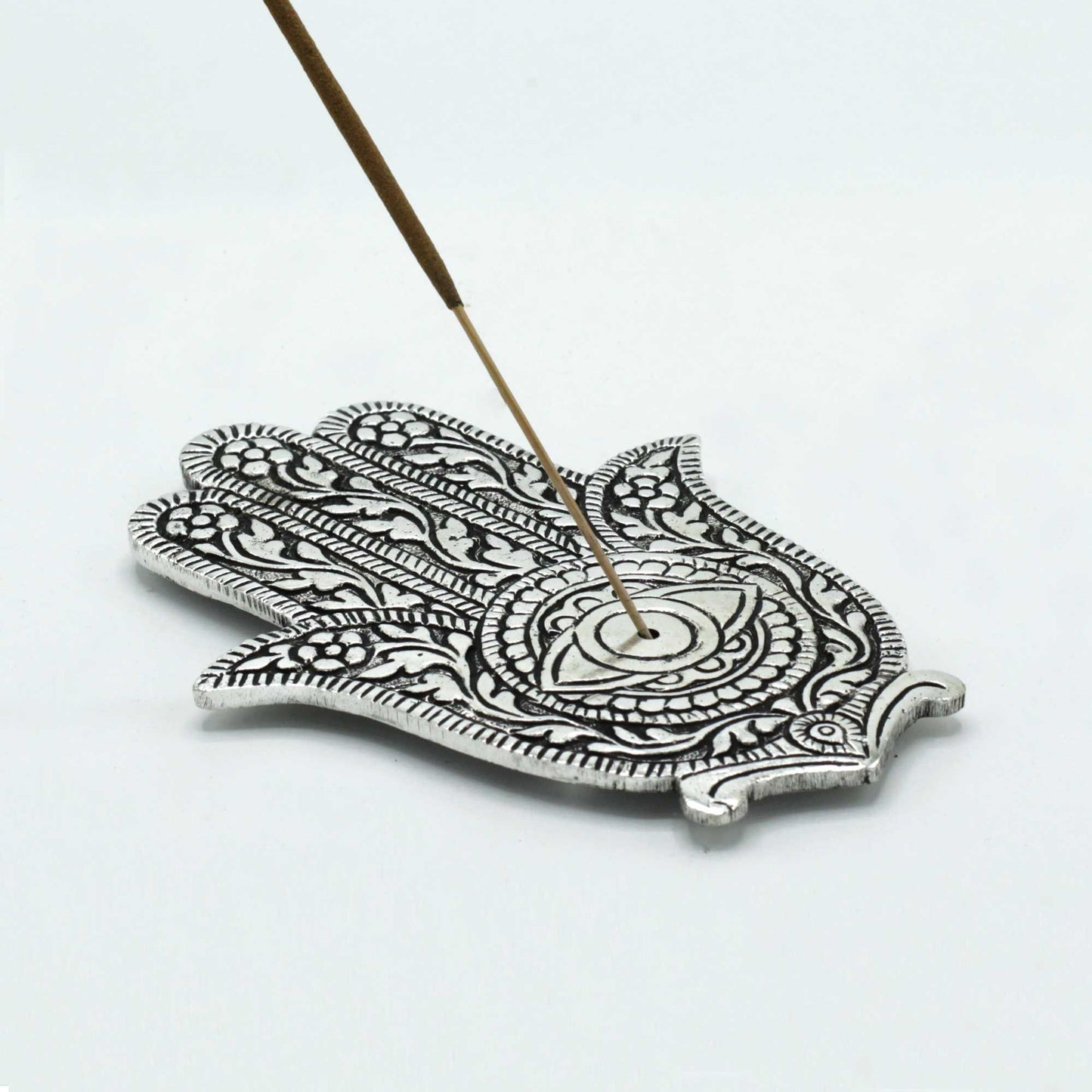Porta-incienso Hamsa Aluminio Pulido 14cm - Tienda Online de Productos Naturales y Ecológicos