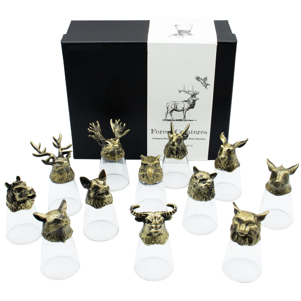 Conjunto de regalo de 12 vasos de chupito Bottom Up (25ml) - Bosque y Criaturas Místicas - Bronce Antiguo - Tienda Online de Productos Naturales y Ecológicos