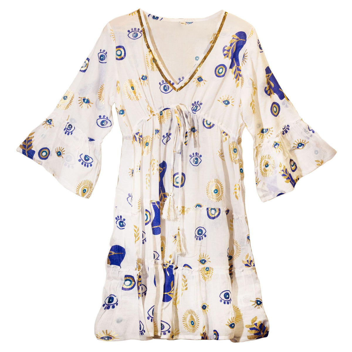 (ML) Colección Nomad Sari  - Vestido - Diseño de mal de ojo blanco, azul y dorado - Tienda Online de Productos Naturales y Ecológicos