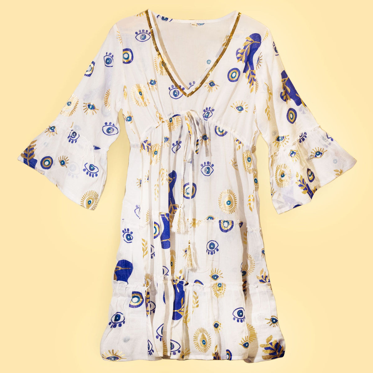 (ML) Colección Nomad Sari  - Vestido - Diseño de mal de ojo blanco, azul y dorado - Tienda Online de Productos Naturales y Ecológicos