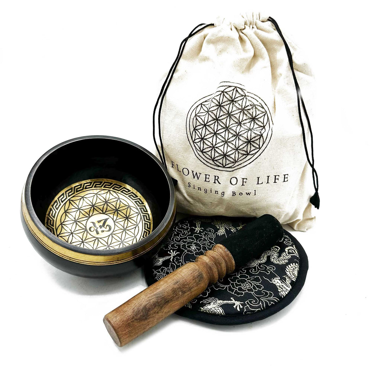Set de regalo de cuenco tibetano batido y grabado a mano - 14 cm - Flor de la vida - Tienda Online de Productos Naturales y Ecológicos