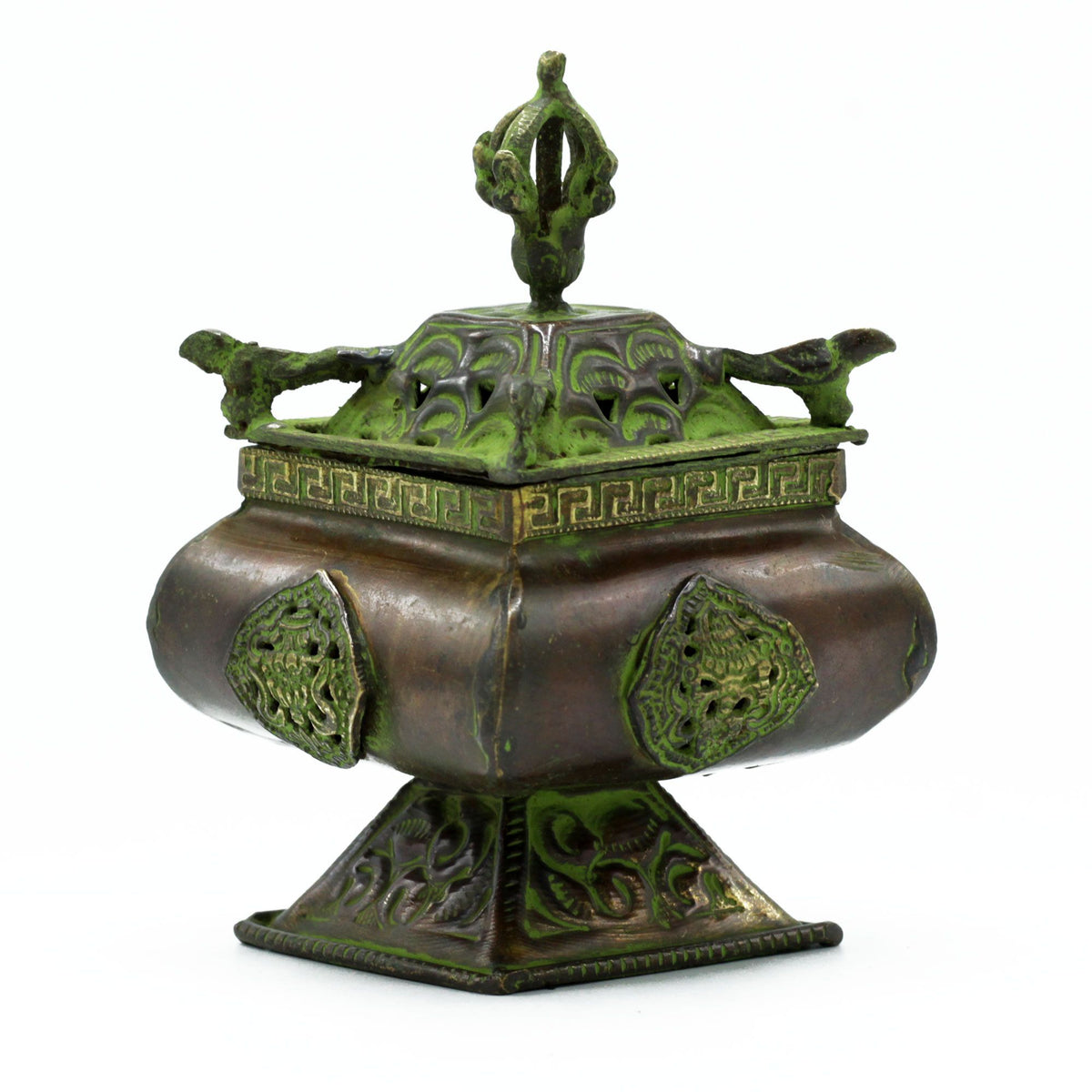 Quemador Tibetano de Latón Verdigris - Cuatro Símbolos Olla de Pie - Tienda Online de Productos Naturales y Ecológicos