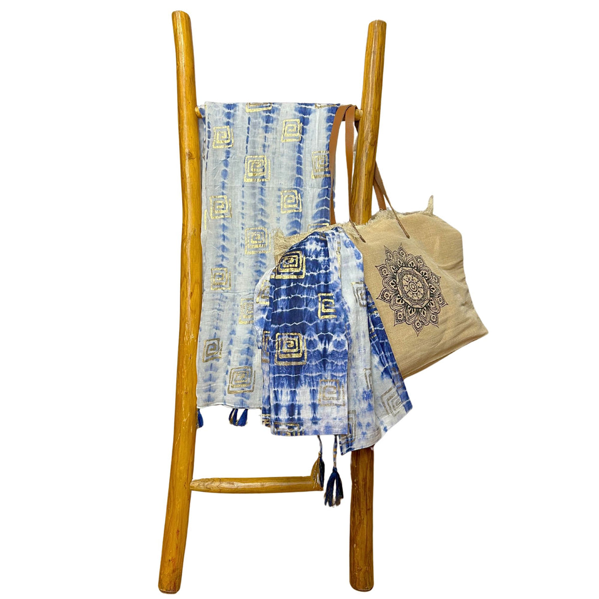 Colección Nómada Sari Mediterráneo - Pareo - Azul Teñido Anudado & Estampado - Tienda Online de Productos Naturales y Ecológicos