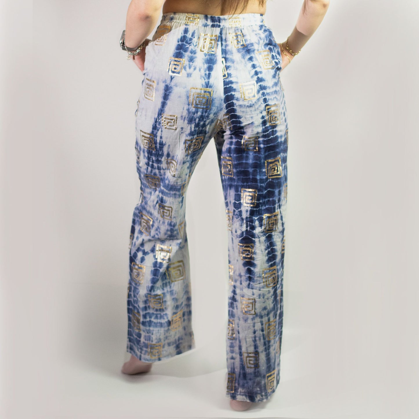 (ML) Colección Nómada Sari Mediterráneo - Pantalones - Motivo Griego en Oro y Azul