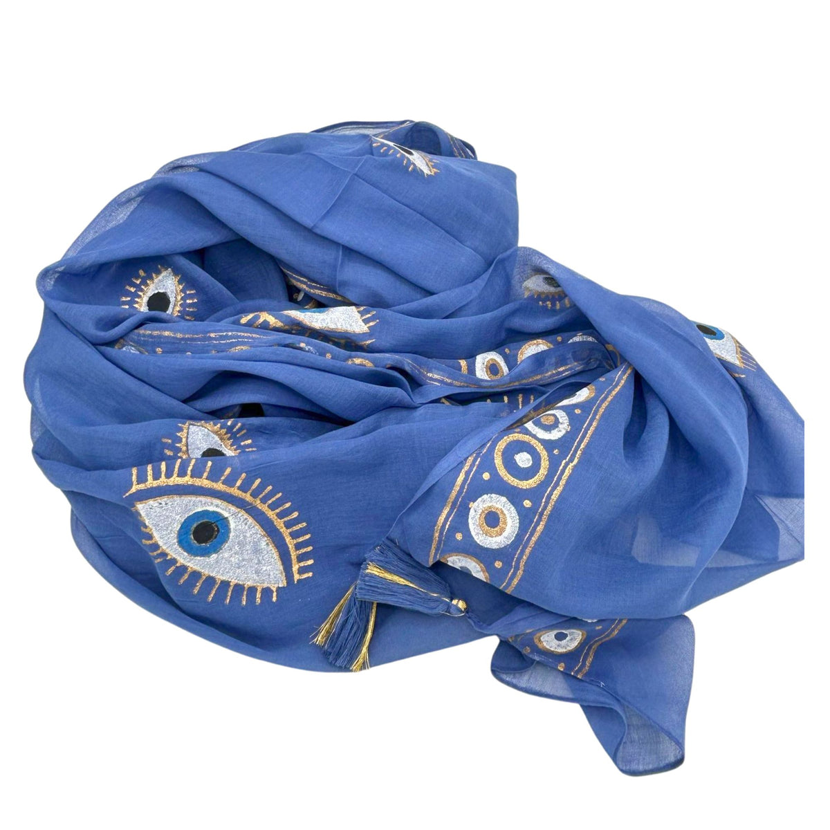 Colección Nómada Sari Mediterráneo - Pareo - Diseño del Ojo Maligno en Azul Rico y Dorado - Tienda Online de Productos Naturales y Ecológicos