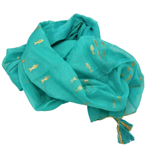 Colección Nómada Sari Mediterráneo - Pareo - Diseño de Peces en Turquesa y Oro - Tienda Online de Productos Naturales y Ecológicos