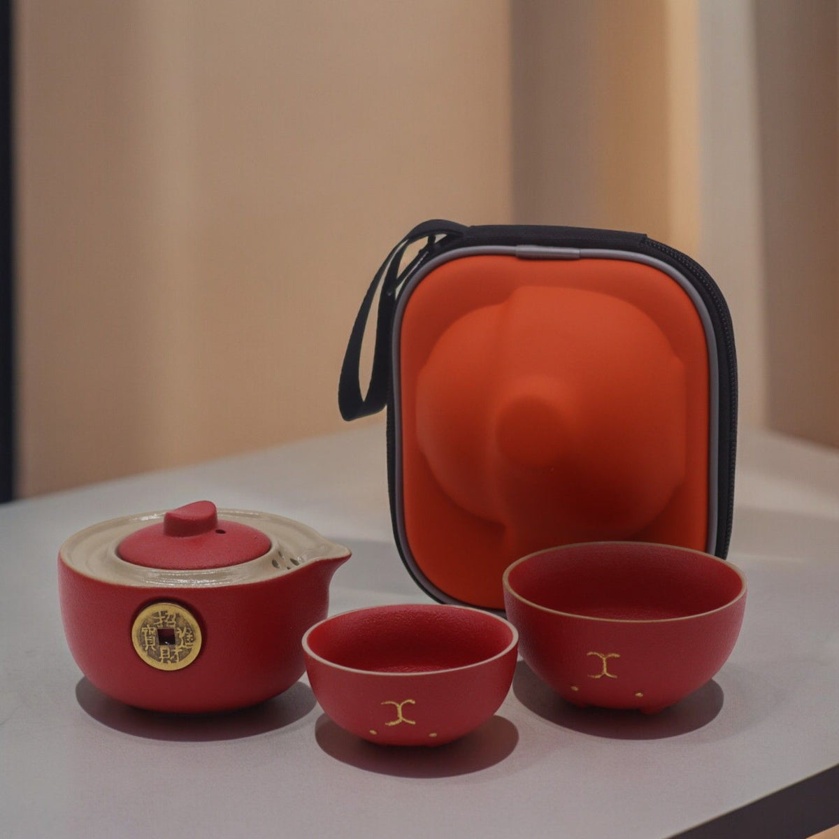 Set de tetera - Gato del Dinero - Dos tazas & Estuche de viaje - Rojo - Tienda Online de Productos Naturales y Ecológicos