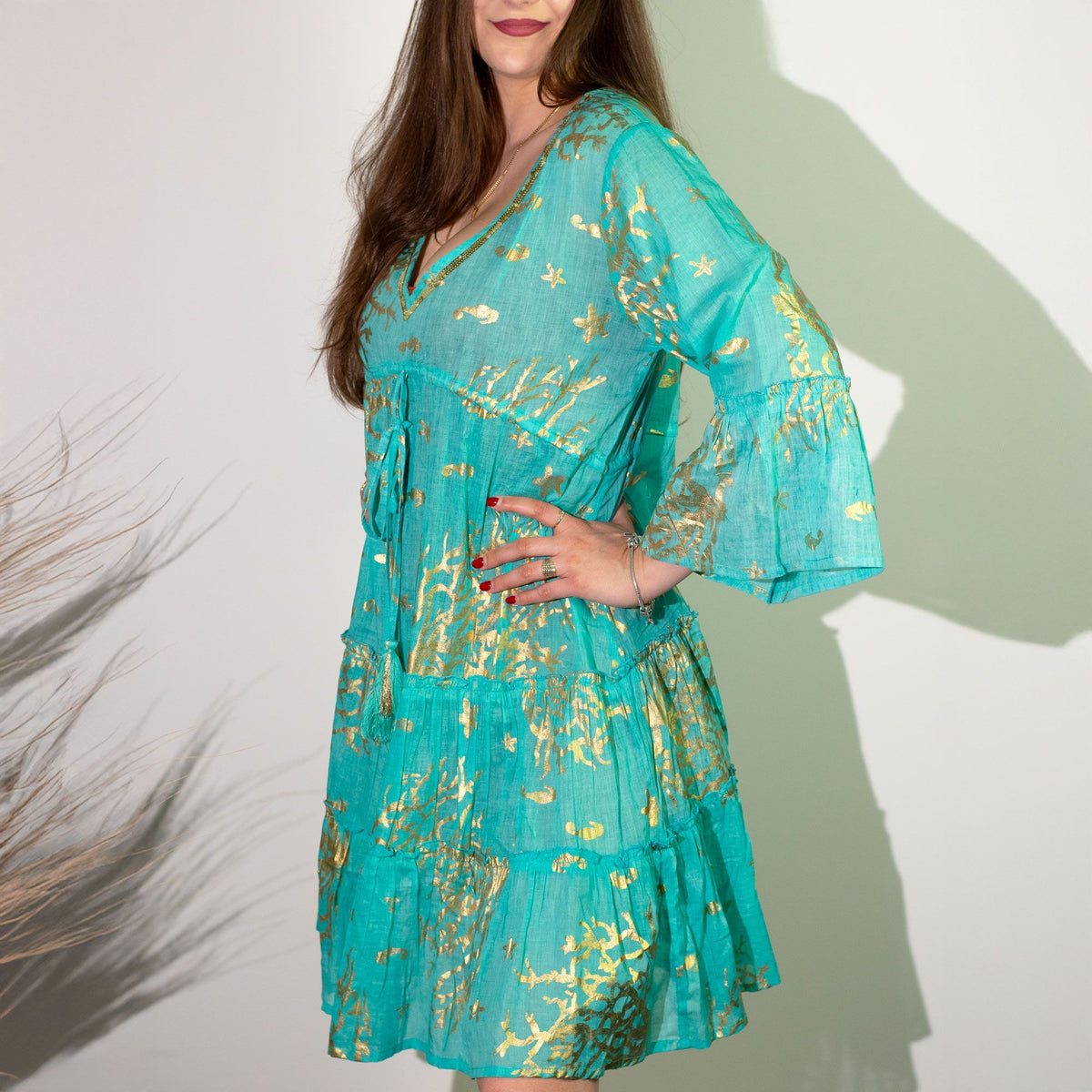 (ML) Colección Nomad Sari - Vestido - Diseño en turquesa y coral dorado - Tienda Online de Productos Naturales y Ecológicos