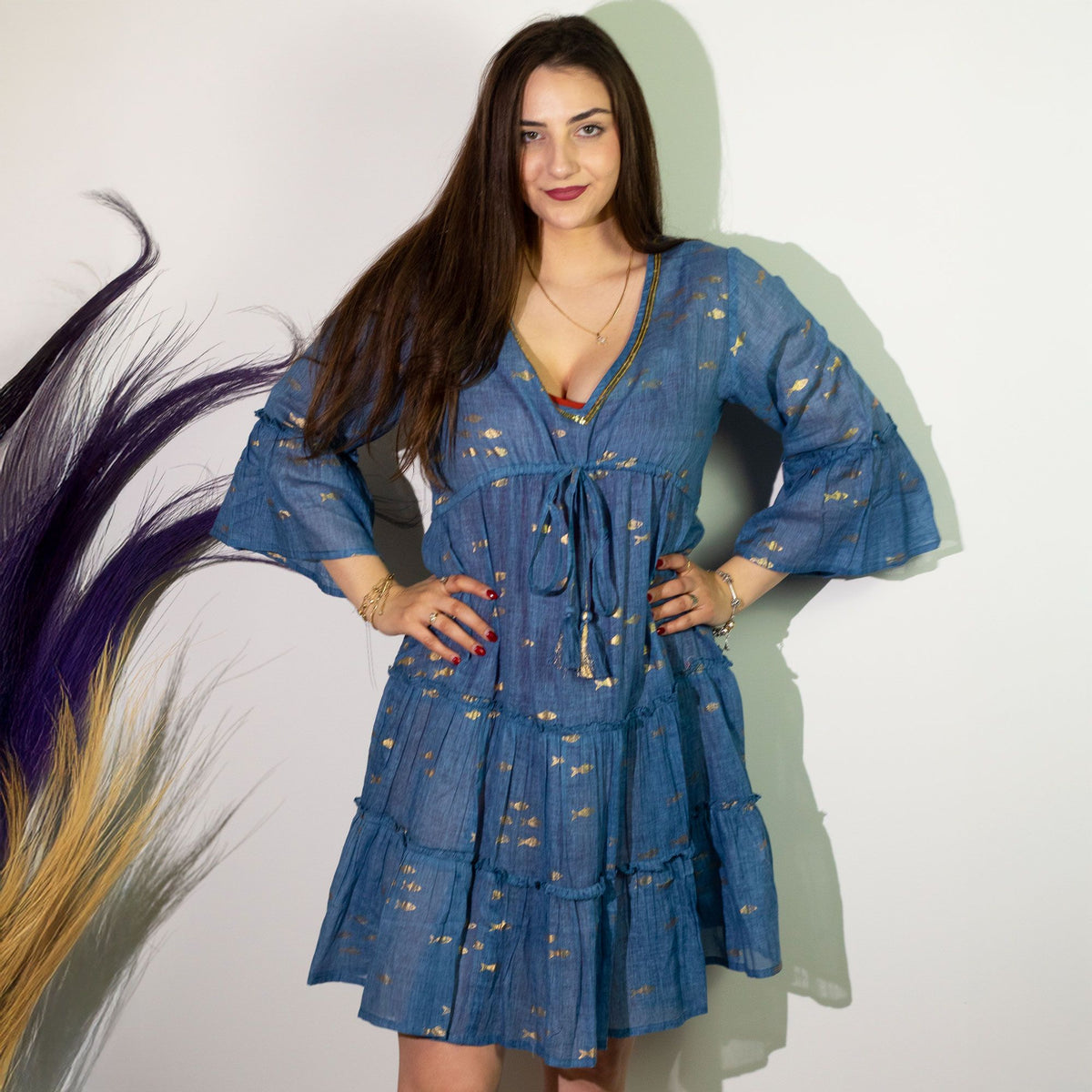(ML) Colección Nomad Sari - Vestido - Diseño de pez azul marino y dorado - Tienda Online de Productos Naturales y Ecológicos