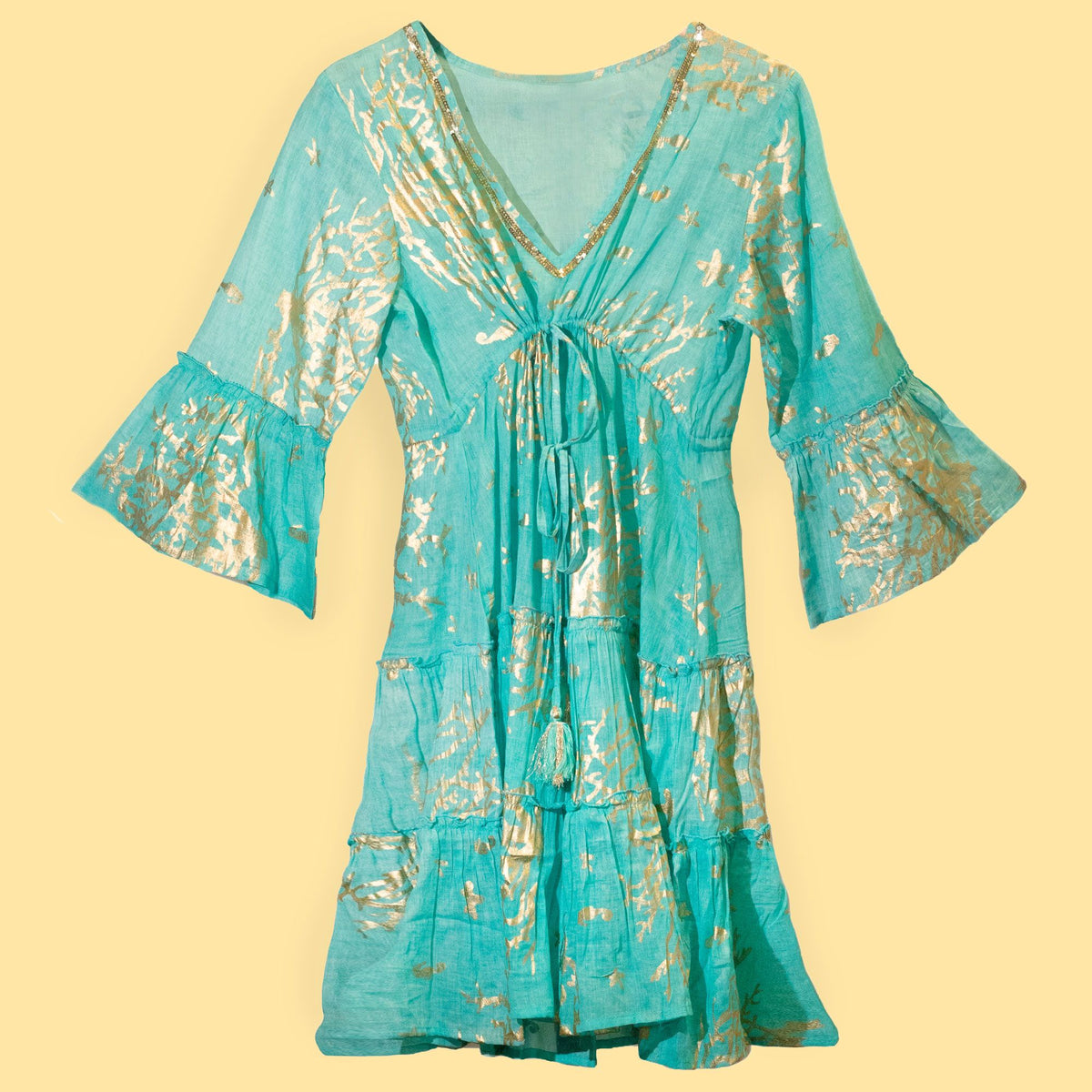 (ML) Colección Nomad Sari - Vestido - Diseño en turquesa y coral dorado - Tienda Online de Productos Naturales y Ecológicos