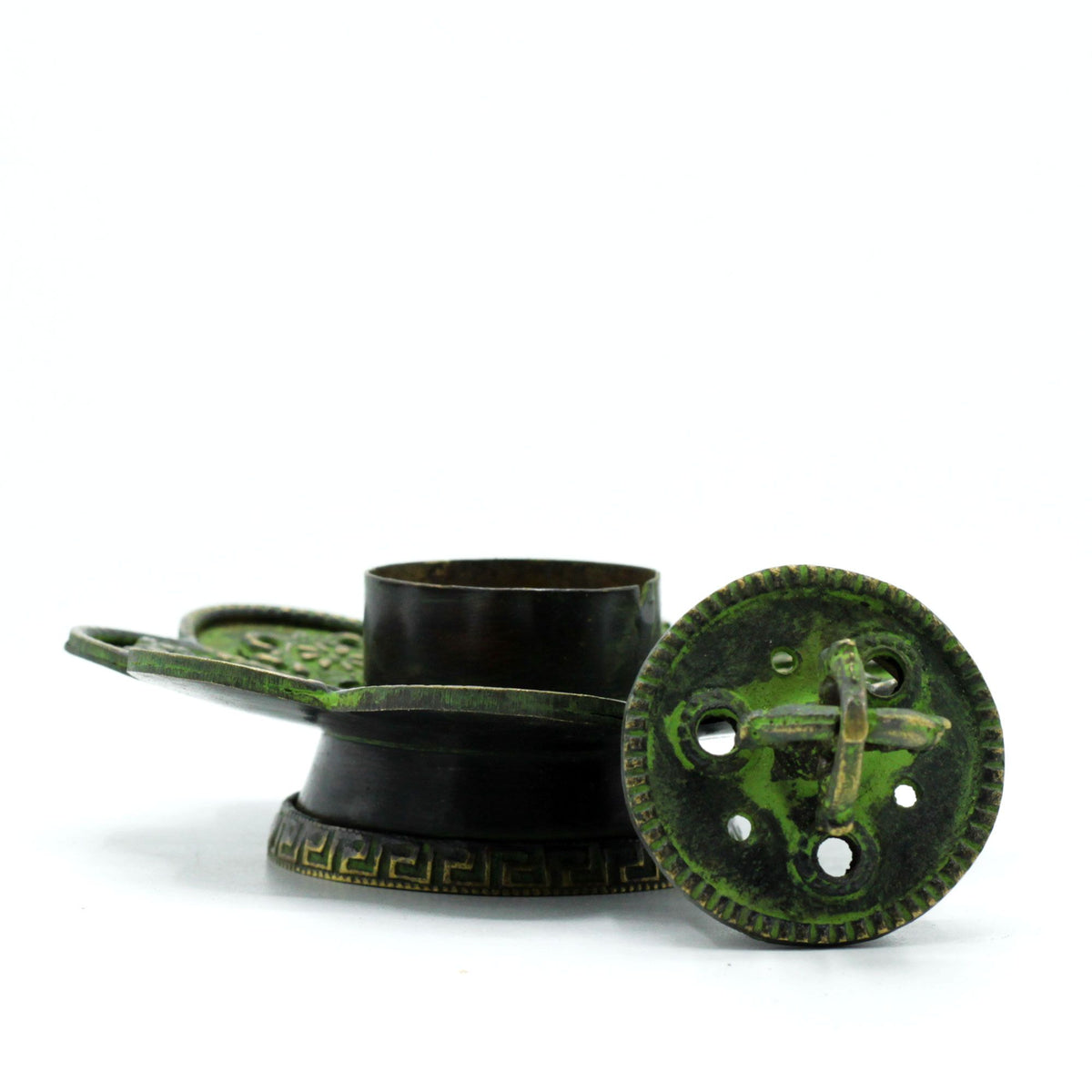 Cono e Incienso Tibetano de Latón Verdigris - Ocho Símbolos - Tienda Online de Productos Naturales y Ecológicos