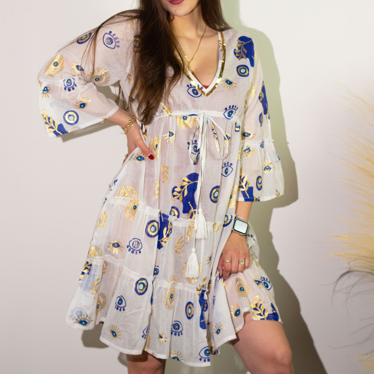 (ML) Colección Nomad Sari  - Vestido - Diseño de mal de ojo blanco, azul y dorado - Tienda Online de Productos Naturales y Ecológicos