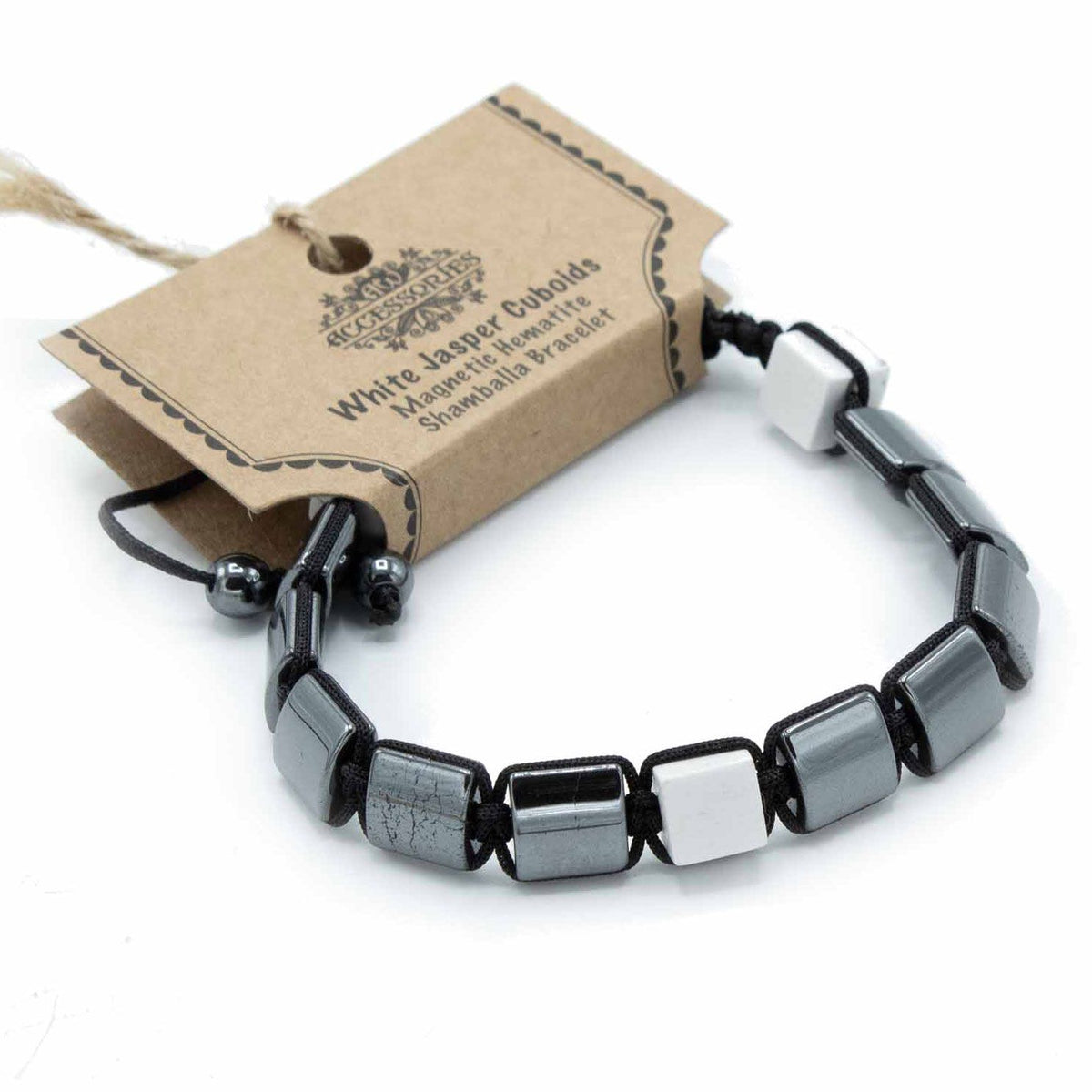 Pulsera Magnética Shamballa de Hematita -  Cuboides Jaspe Blanco - Tienda Online de Productos Naturales y Ecológicos
