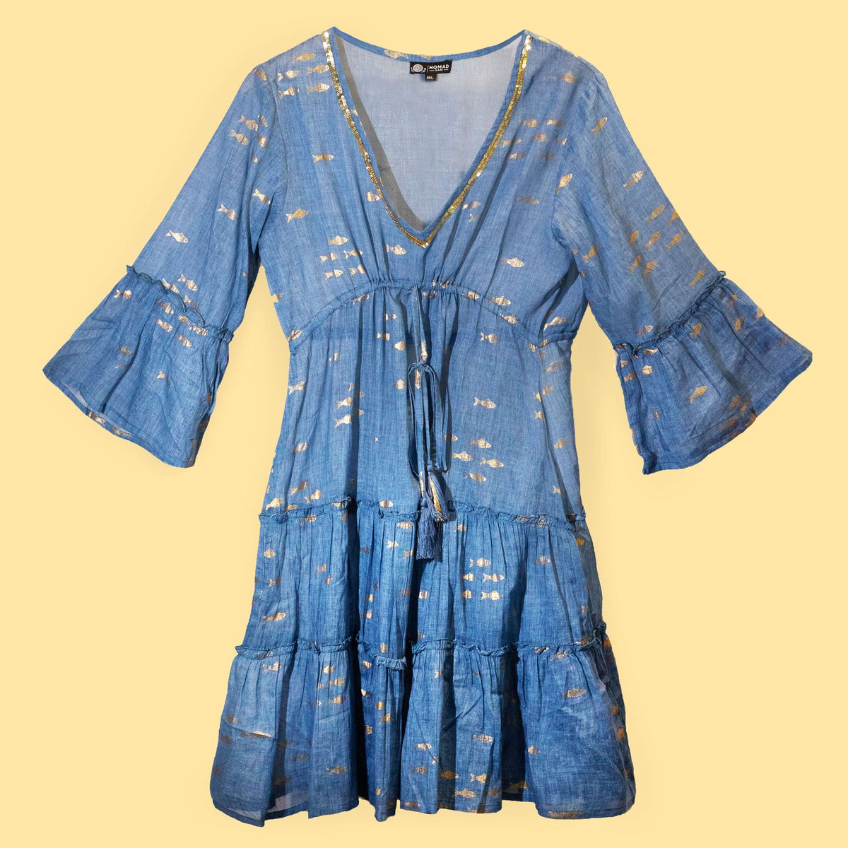 (ML) Colección Nomad Sari - Vestido - Diseño de pez azul marino y dorado - Tienda Online de Productos Naturales y Ecológicos
