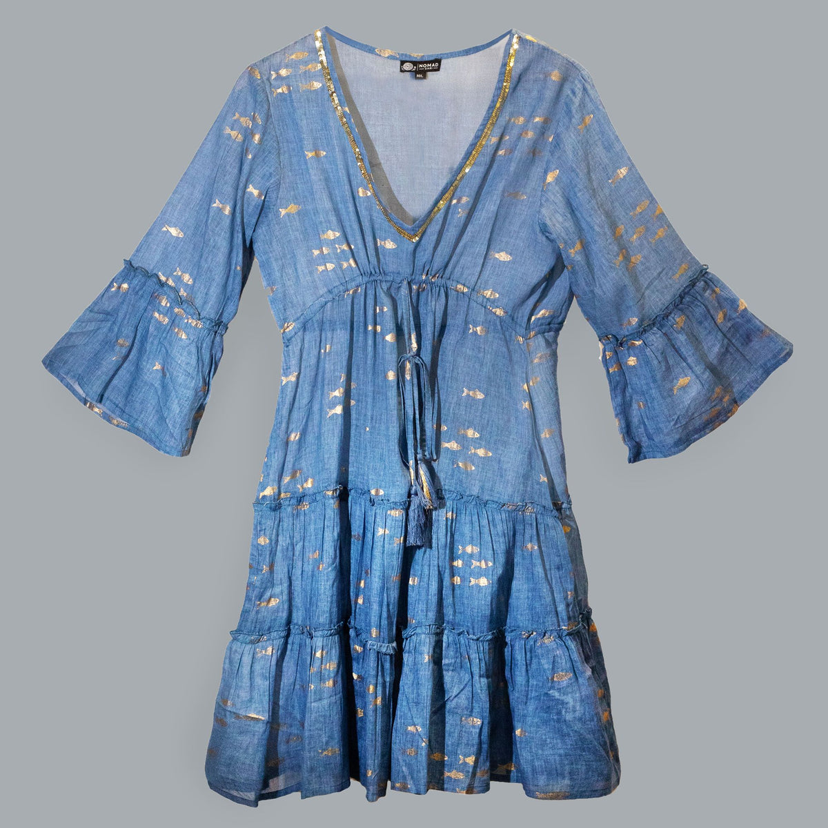 (ML) Colección Nomad Sari - Vestido - Diseño de pez azul marino y dorado - Tienda Online de Productos Naturales y Ecológicos
