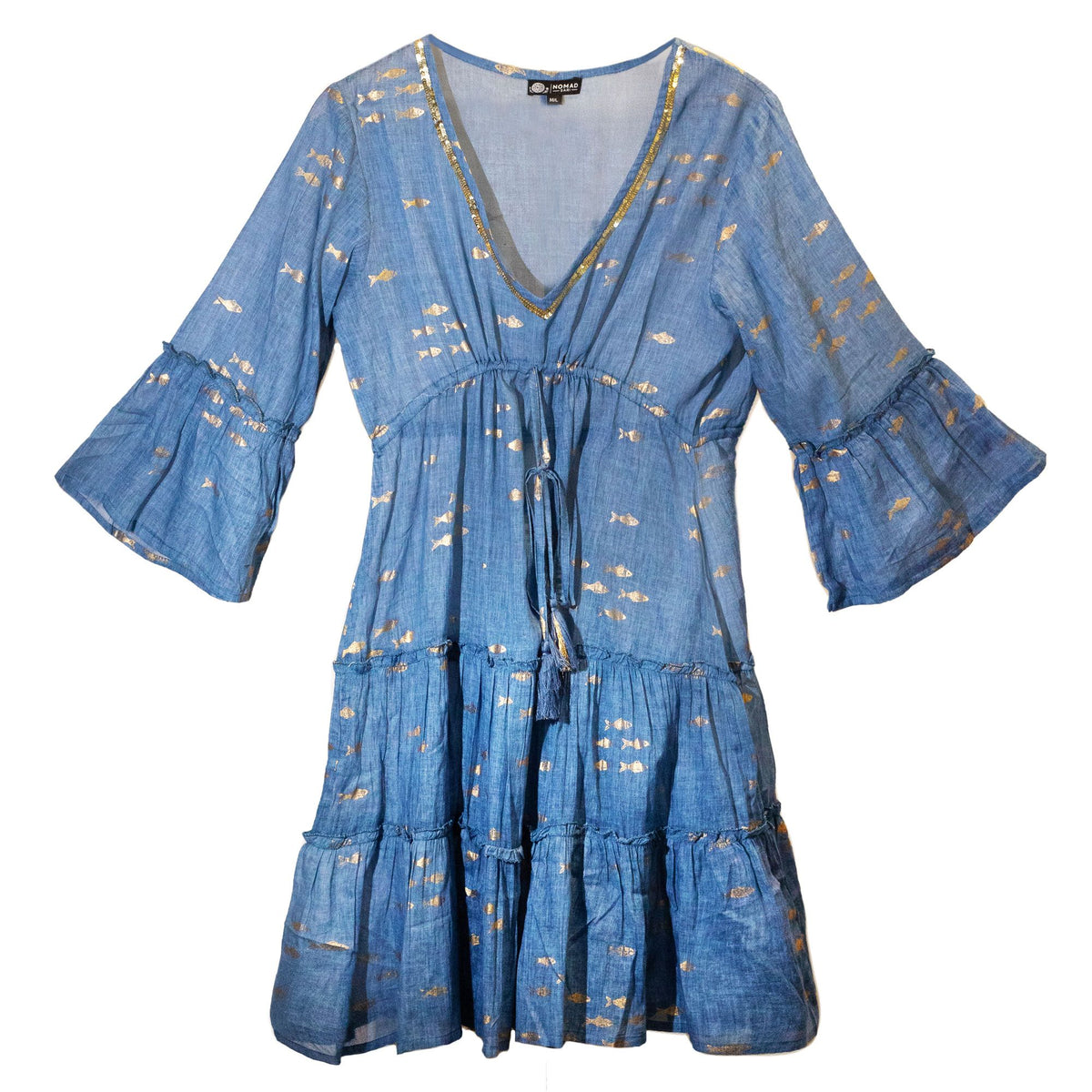 (ML) Colección Nomad Sari - Vestido - Diseño de pez azul marino y dorado - Tienda Online de Productos Naturales y Ecológicos