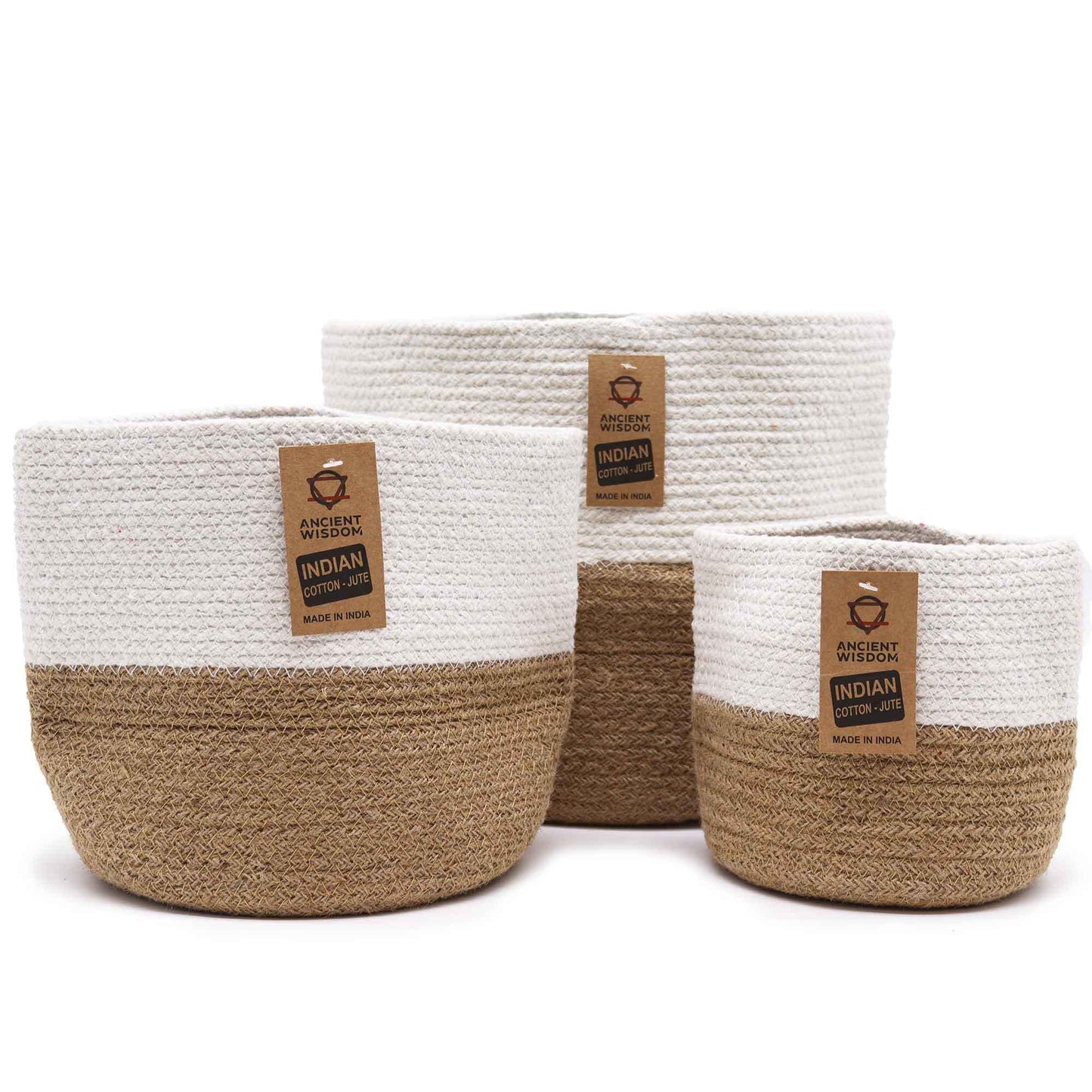 Set de 3 Cestas de Algodón y Yute - Blanco - Tienda Online de Productos Naturales y Ecológicos