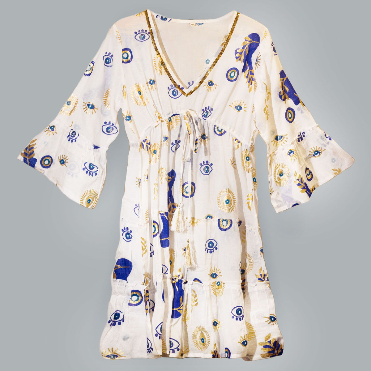 (ML) Colección Nomad Sari  - Vestido - Diseño de mal de ojo blanco, azul y dorado - Tienda Online de Productos Naturales y Ecológicos