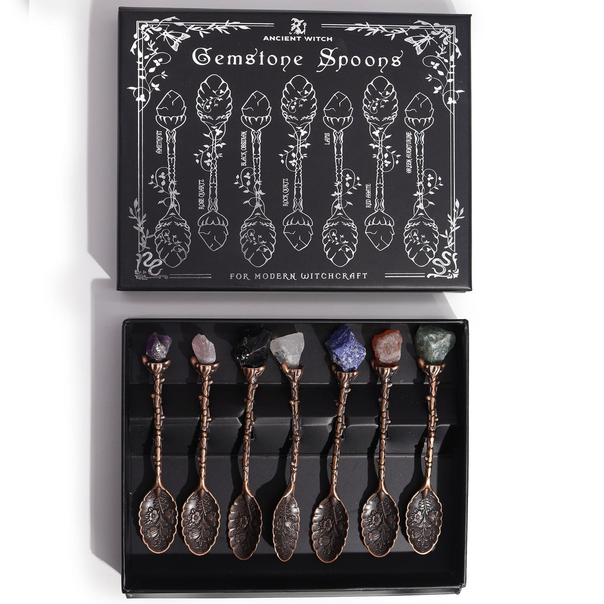 Set de 7 Cucharas de Bruja de Cristal con Piedra Preciosa de Bronce - Tienda Online de Productos Naturales y Ecológicos