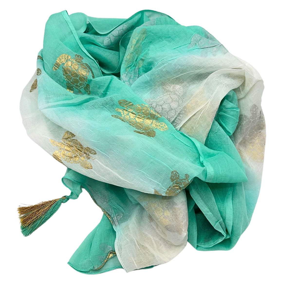 Colección Nómada Sari Mediterráneo - Pareo - Diseño de Tortuga en Blanco, Turquesa y Oro - Tienda Online de Productos Naturales y Ecológicos