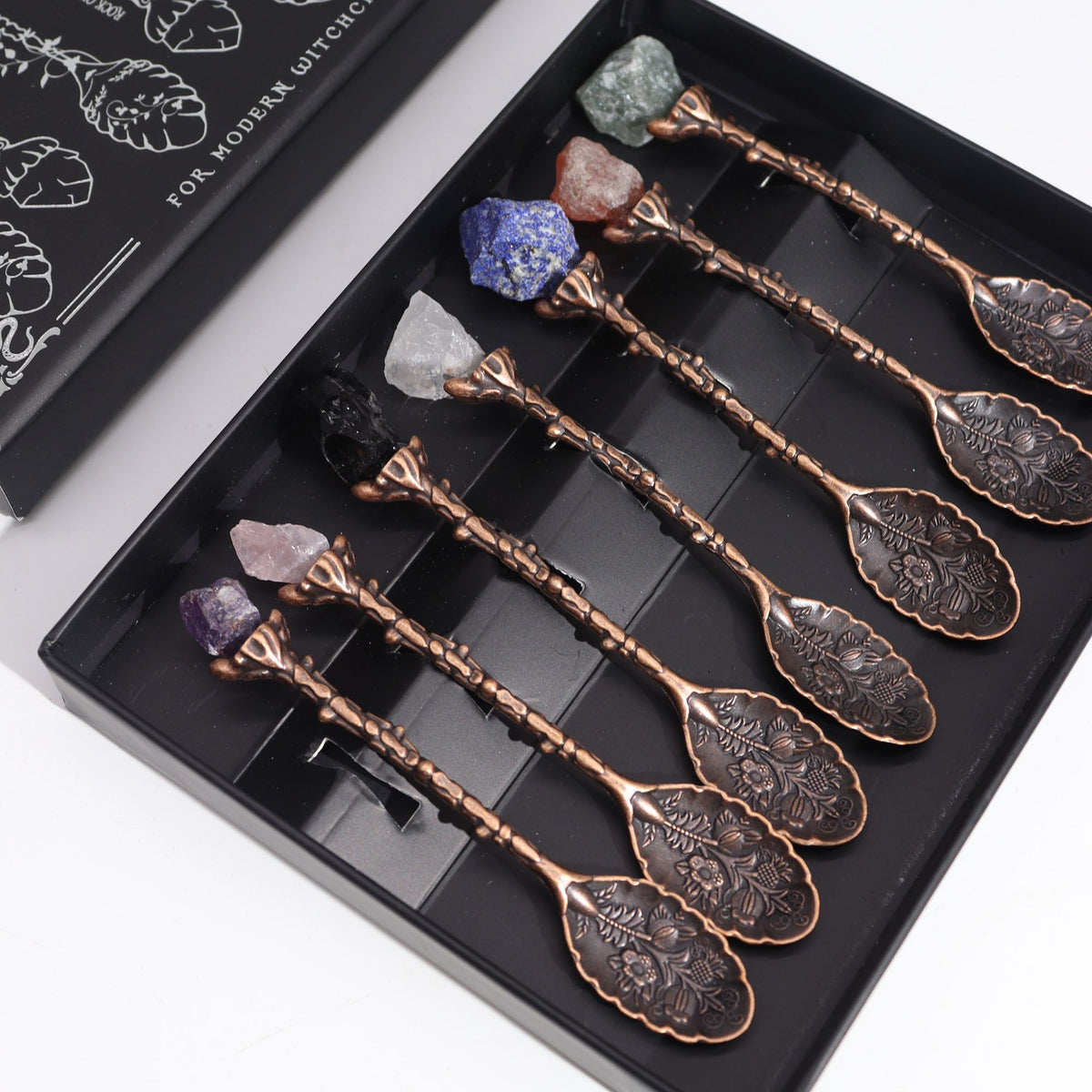 Set de 7 Cucharas de Bruja de Cristal con Piedra Preciosa de Bronce - Tienda Online de Productos Naturales y Ecológicos
