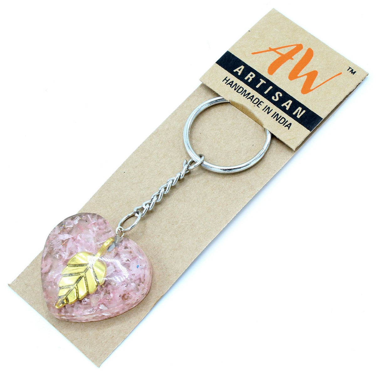 Llavero de orgonita Power - Corazones de Cuarzo Rosa Hoja de Oro - Tienda Online de Productos Naturales y Ecológicos