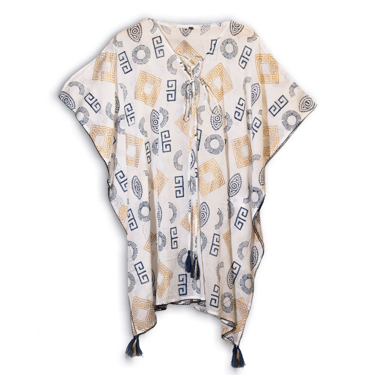 Colección Nómada Sari Mediterráneo - Kaftan - Motivo Griego en Oro y Azul - Pintado a Mano - Tienda Online de Productos Naturales y Ecológicos