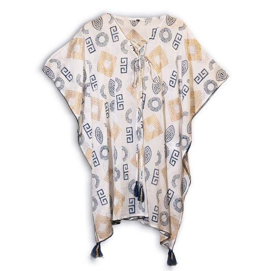 Colección Nómada Sari Mediterráneo - Kaftan - Motivo Griego en Oro y Azul - Pintado a Mano - Tienda Online de Productos Naturales y Ecológicos