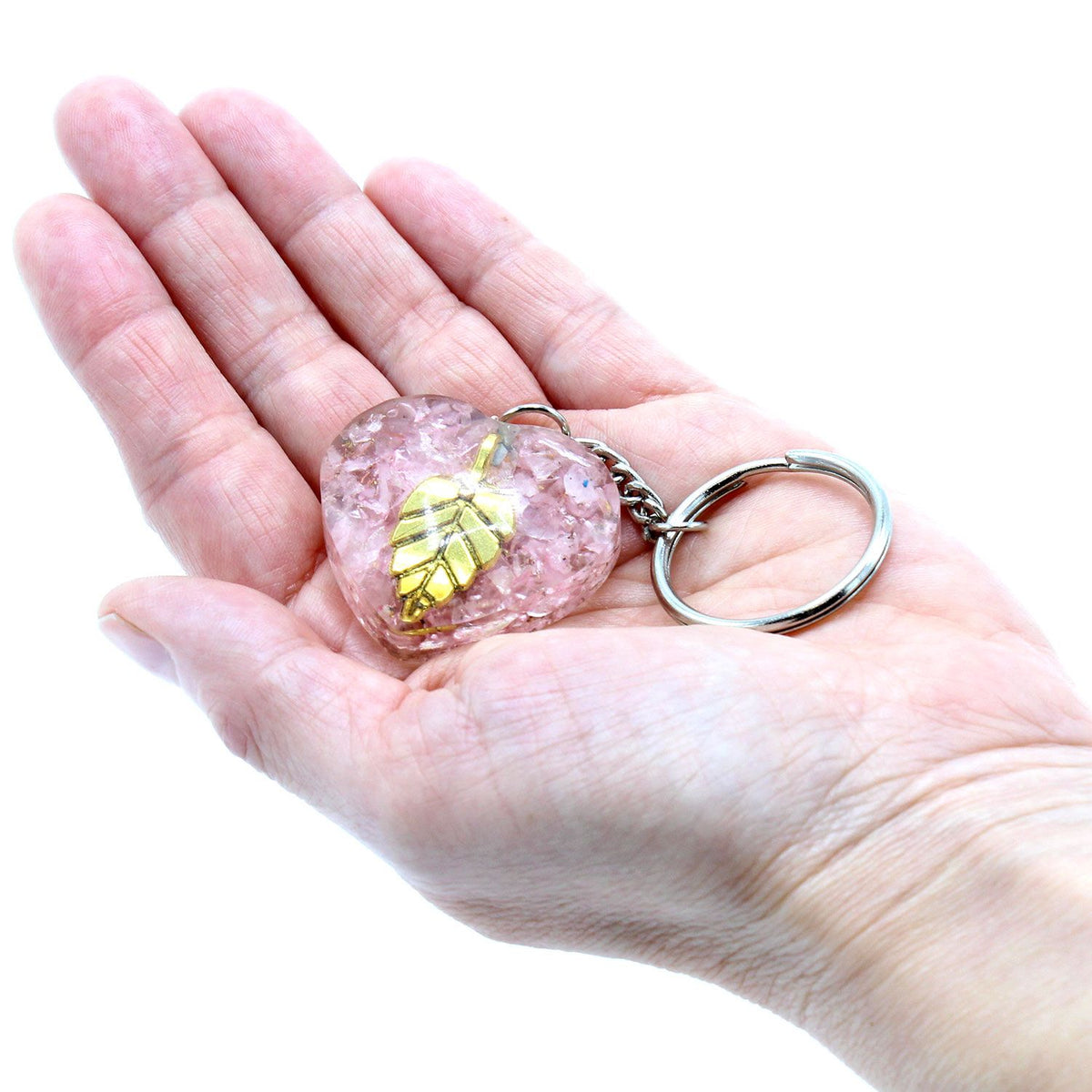 Llavero de orgonita Power - Corazones de Cuarzo Rosa Hoja de Oro - Tienda Online de Productos Naturales y Ecológicos