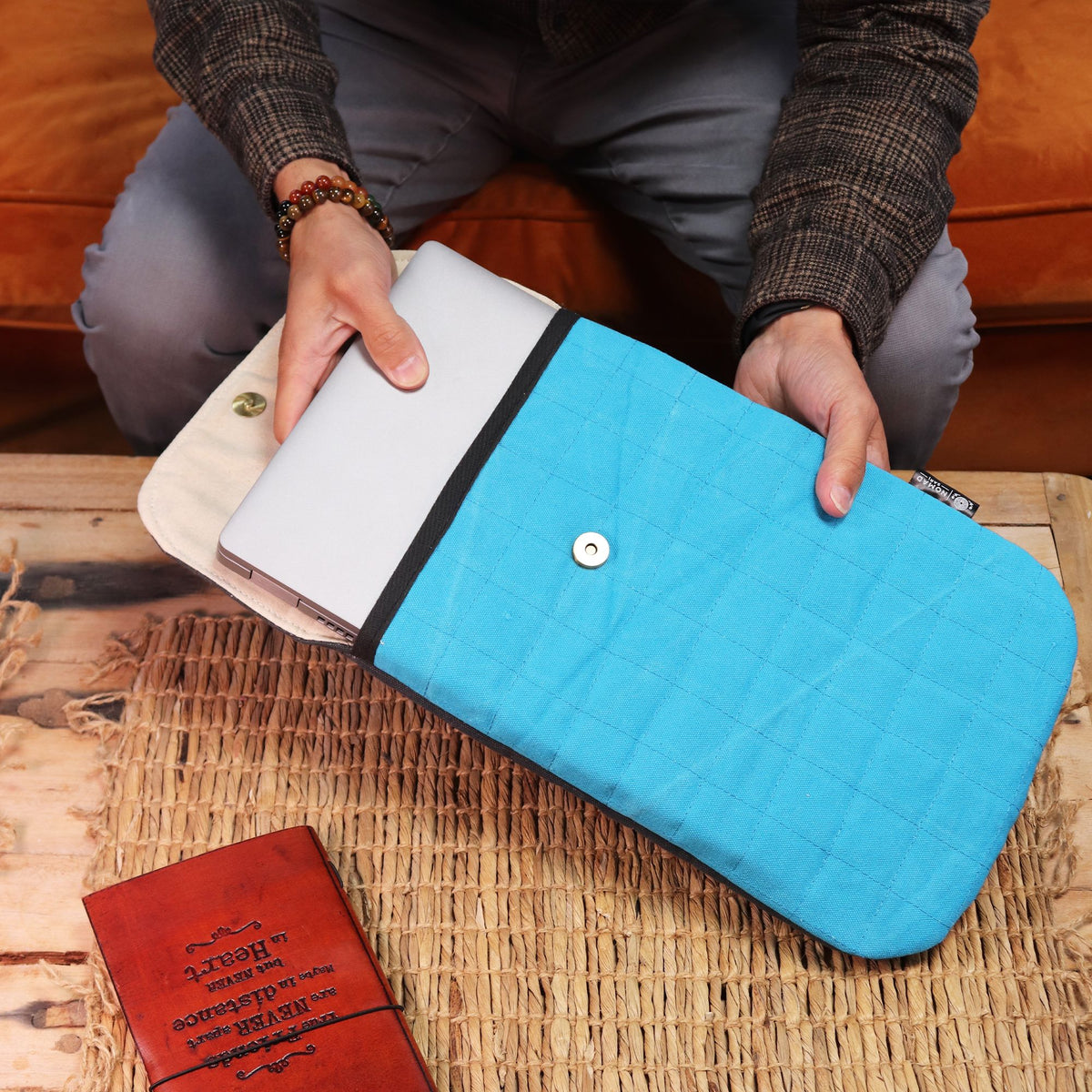 Funda acolchada para portátil - Turquesa espectacular - Lavado de piedra de 14 oz - Tienda Online de Productos Naturales y Ecológicos