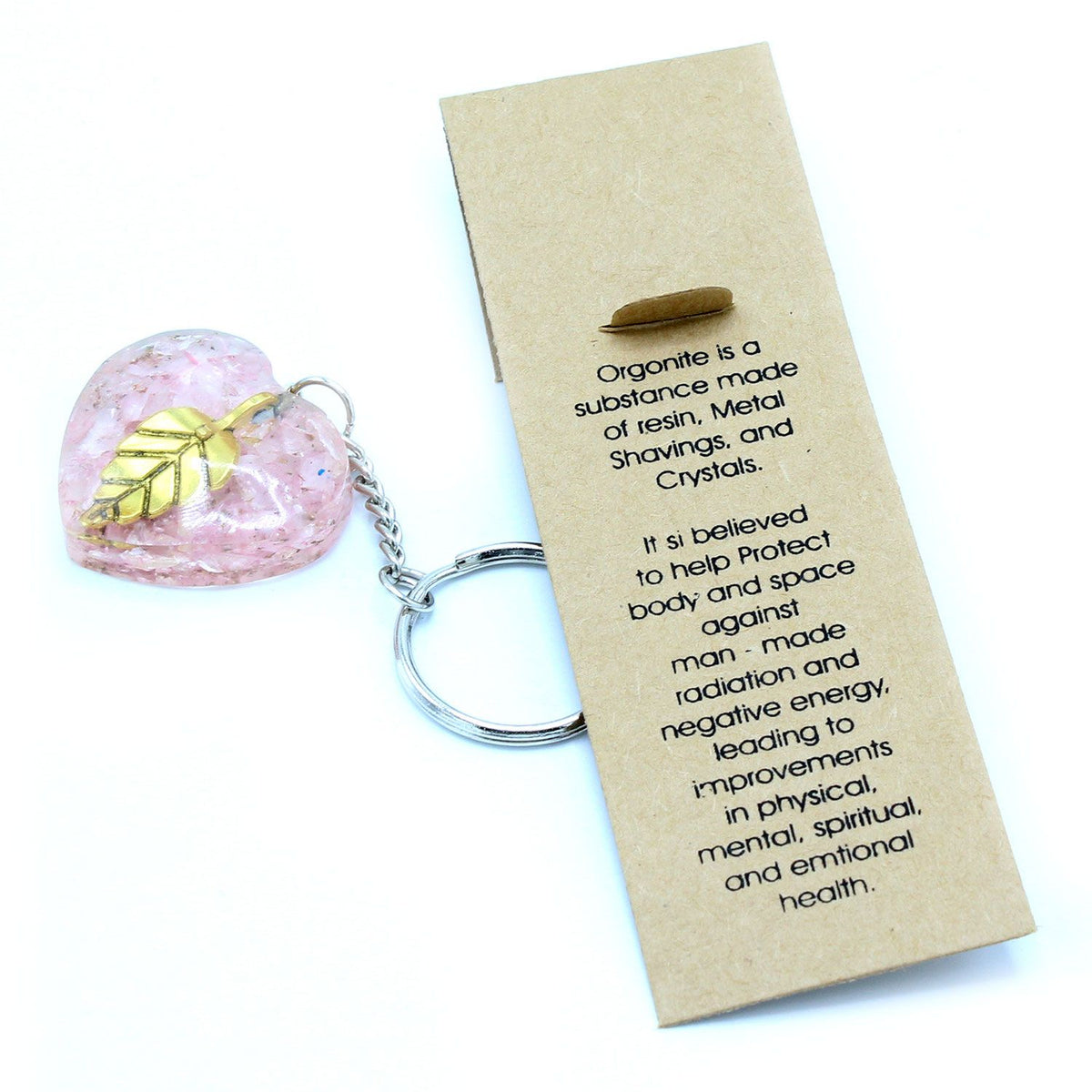 Llavero de orgonita Power - Corazones de Cuarzo Rosa Hoja de Oro - Tienda Online de Productos Naturales y Ecológicos