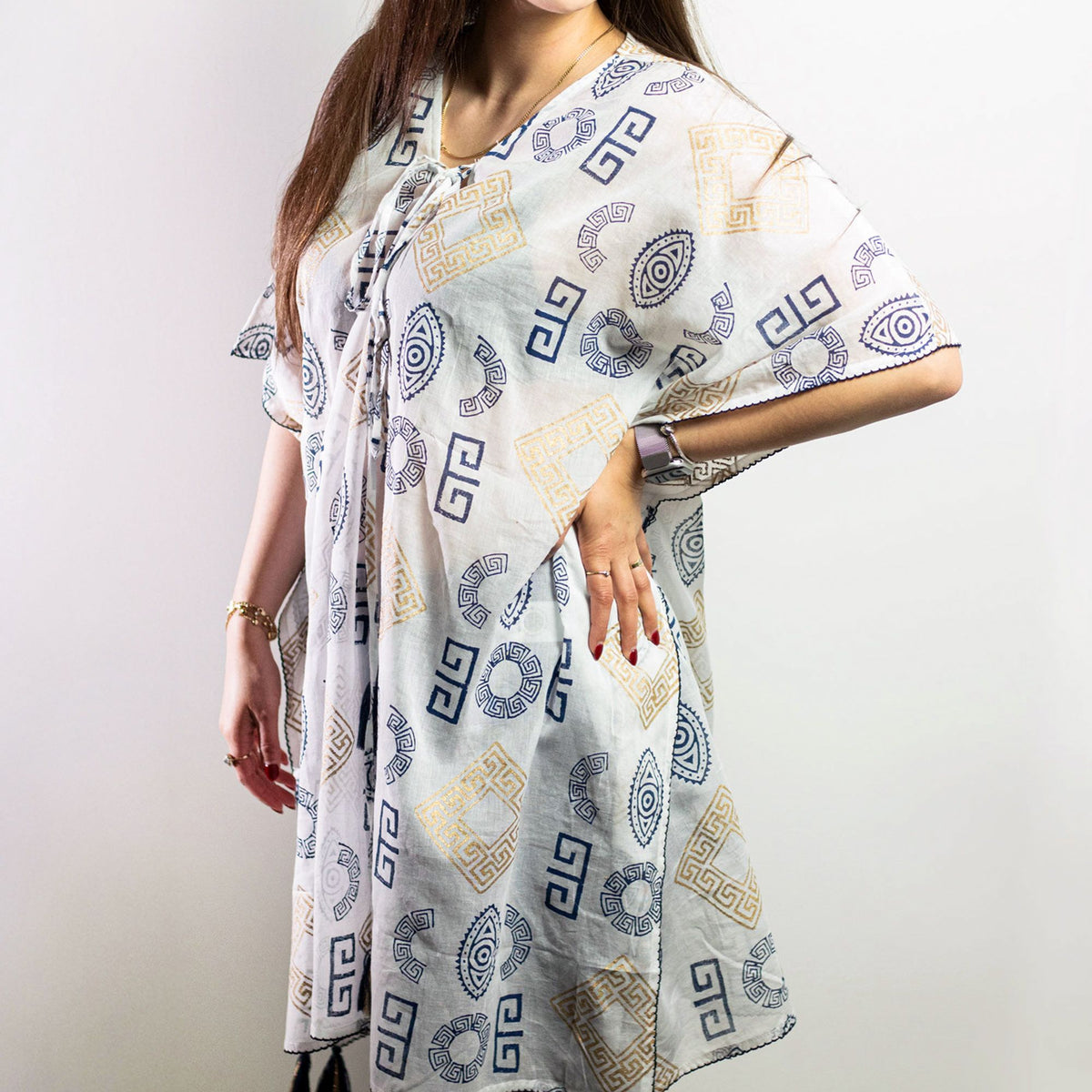 Colección Nómada Sari Mediterráneo - Kaftan - Motivo Griego en Oro y Azul - Pintado a Mano - Tienda Online de Productos Naturales y Ecológicos