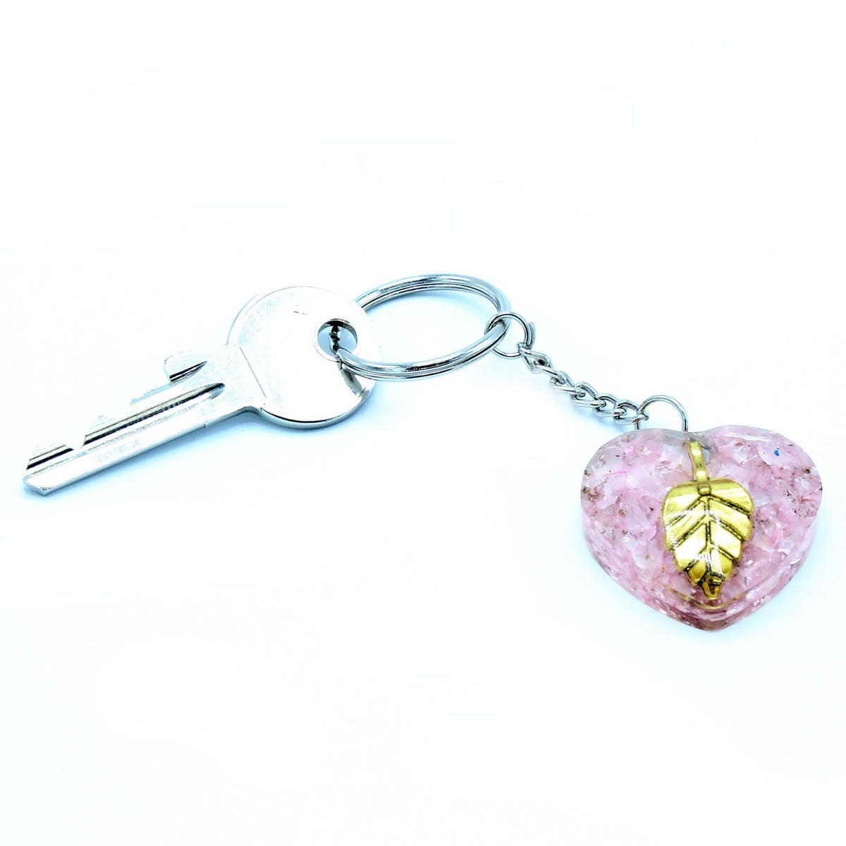 Llavero de orgonita Power - Corazones de Cuarzo Rosa Hoja de Oro - Tienda Online de Productos Naturales y Ecológicos