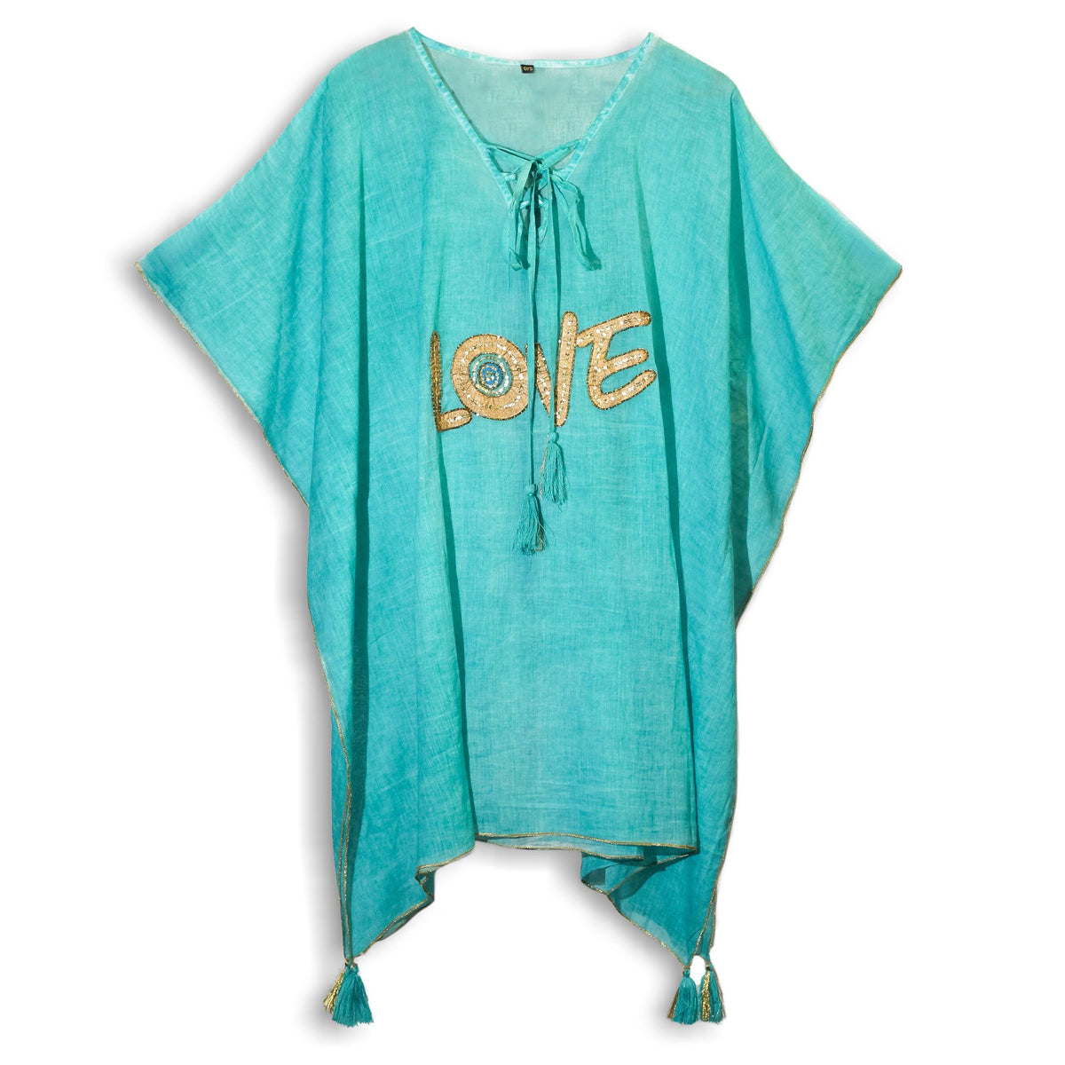 Colección Nómada Sari Mediterráneo - Kaftan - Diseño de Corazón en Turquesa y Oro - Tienda Online de Productos Naturales y Ecológicos