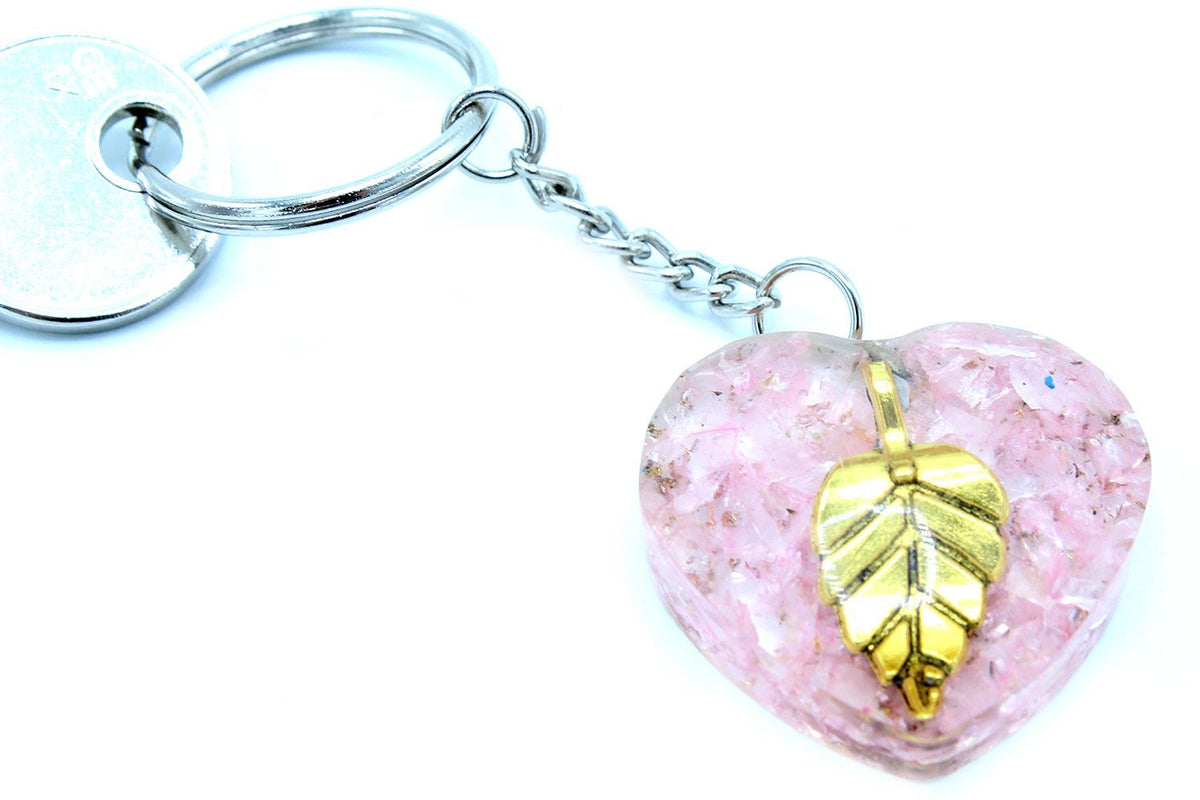 Llavero de orgonita Power - Corazones de Cuarzo Rosa Hoja de Oro - Tienda Online de Productos Naturales y Ecológicos