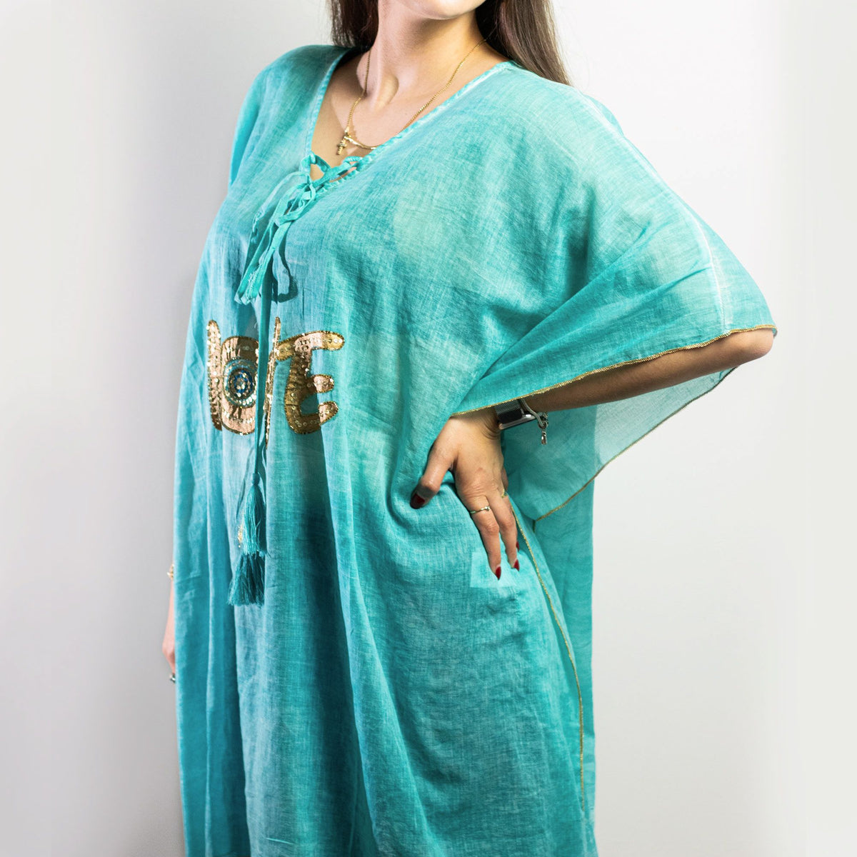 Colección Nómada Sari Mediterráneo - Kaftan - Diseño de Corazón en Turquesa y Oro - Tienda Online de Productos Naturales y Ecológicos