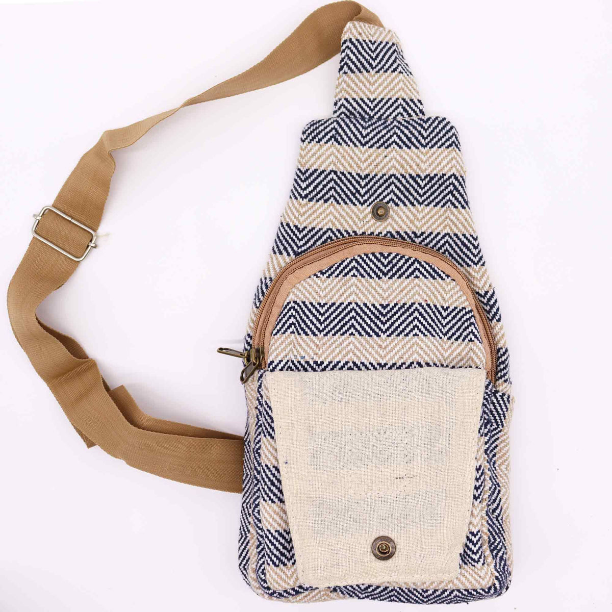 Bolso Bandolera de Algodon Natural - Marron Claro y Azul Marino - Tienda Online de Productos Naturales y Ecológicos