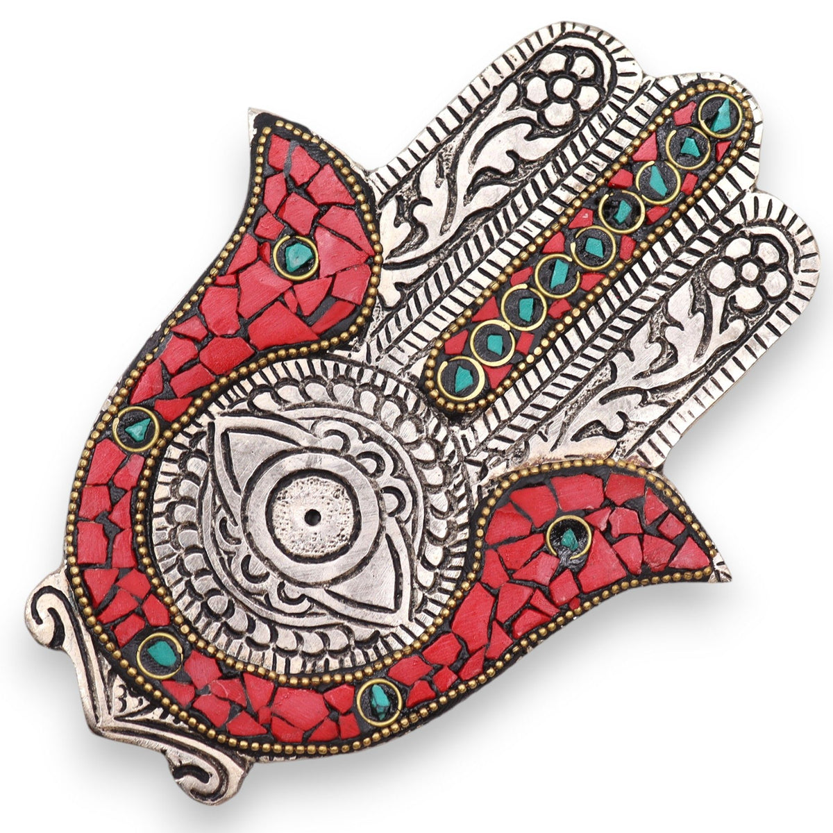 Porta-incienso Hamsa Rojo y Verde Pequeño 13x5.5cm - Tienda Online de Productos Naturales y Ecológicos