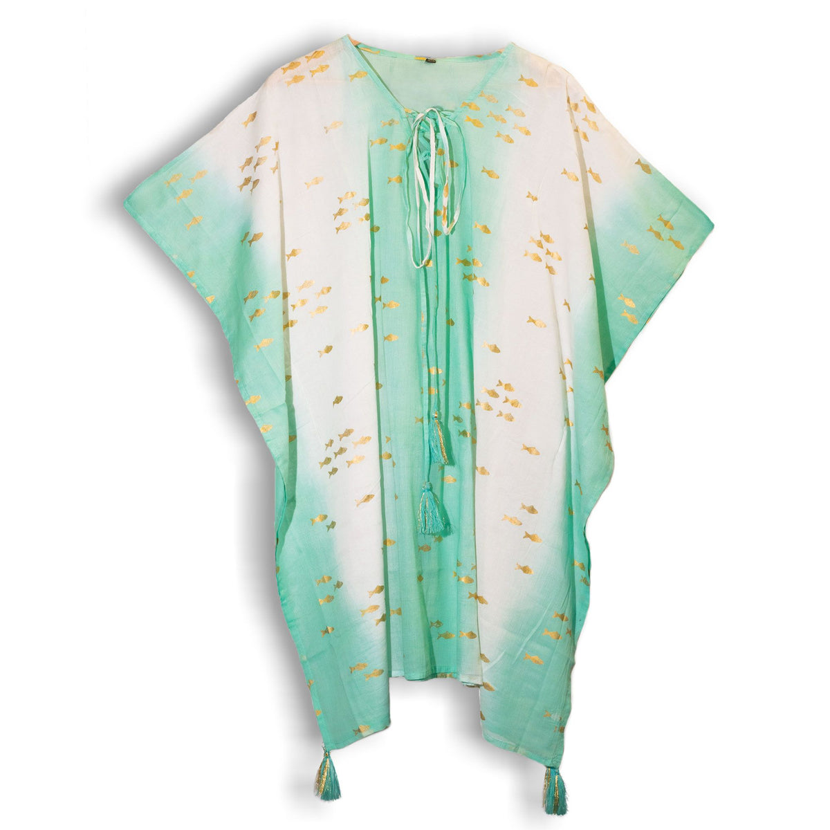 Colección Nómada Sari Mediterráneo - Kaftan - Diseño de Peces en Blanco, Turquesa y Oro - Tienda Online de Productos Naturales y Ecológicos
