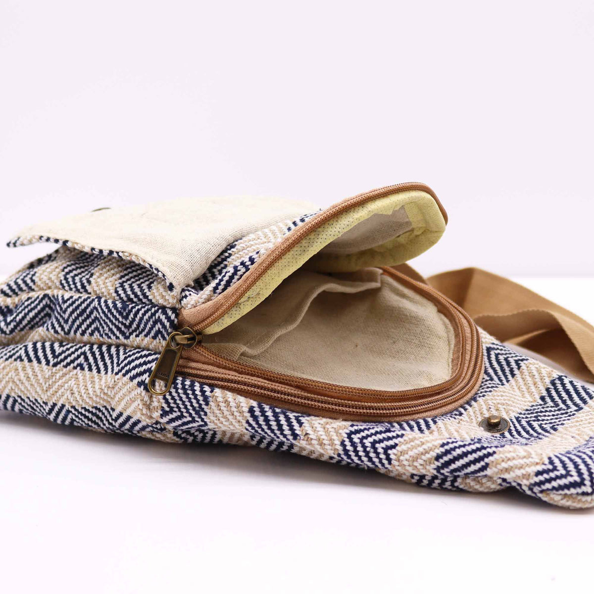 Bolso Bandolera de Algodon Natural - Marron Claro y Azul Marino - Tienda Online de Productos Naturales y Ecológicos