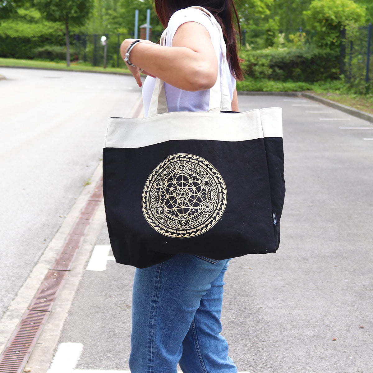 Bolso tote extragrande de chocolate lavado a la piedra 14 oz - Chakra de la libertad - Tienda Online de Productos Naturales y Ecológicos