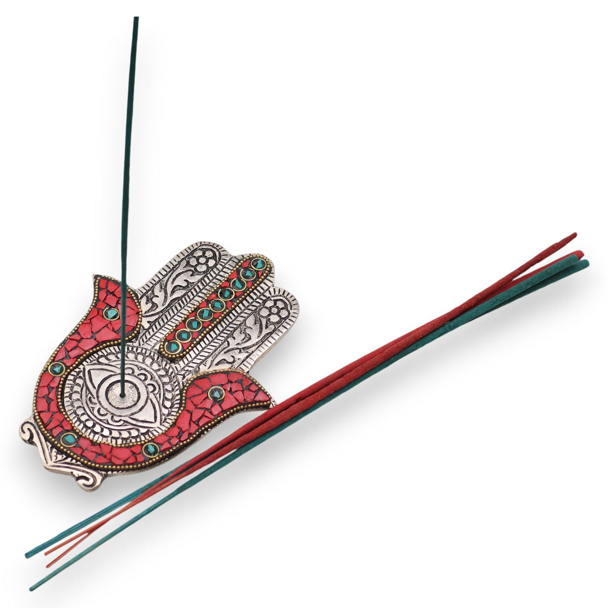 Porta-incienso Hamsa Rojo y Verde Pequeño 13x5.5cm - Tienda Online de Productos Naturales y Ecológicos