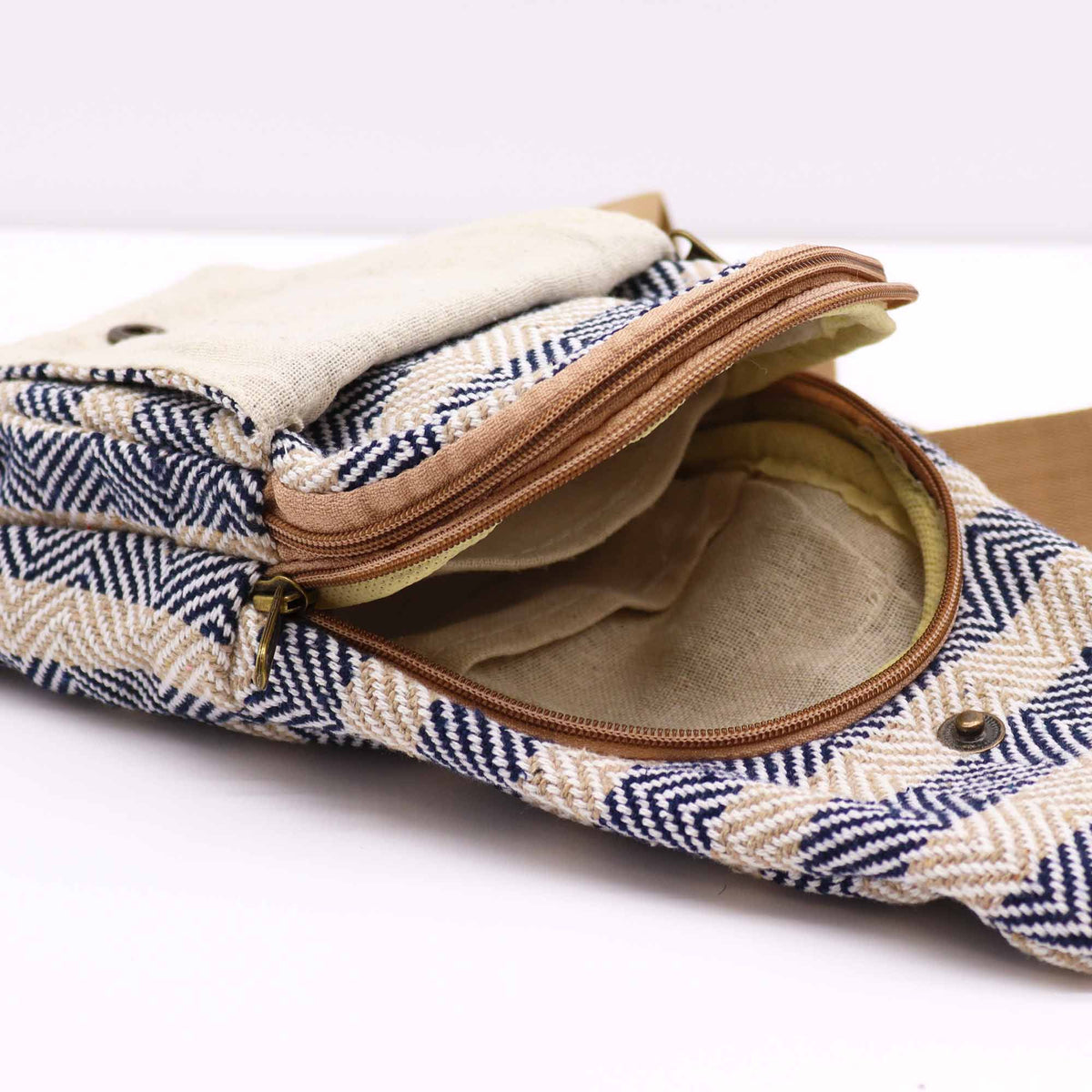 Bolso Bandolera de Algodon Natural - Marron Claro y Azul Marino - Tienda Online de Productos Naturales y Ecológicos
