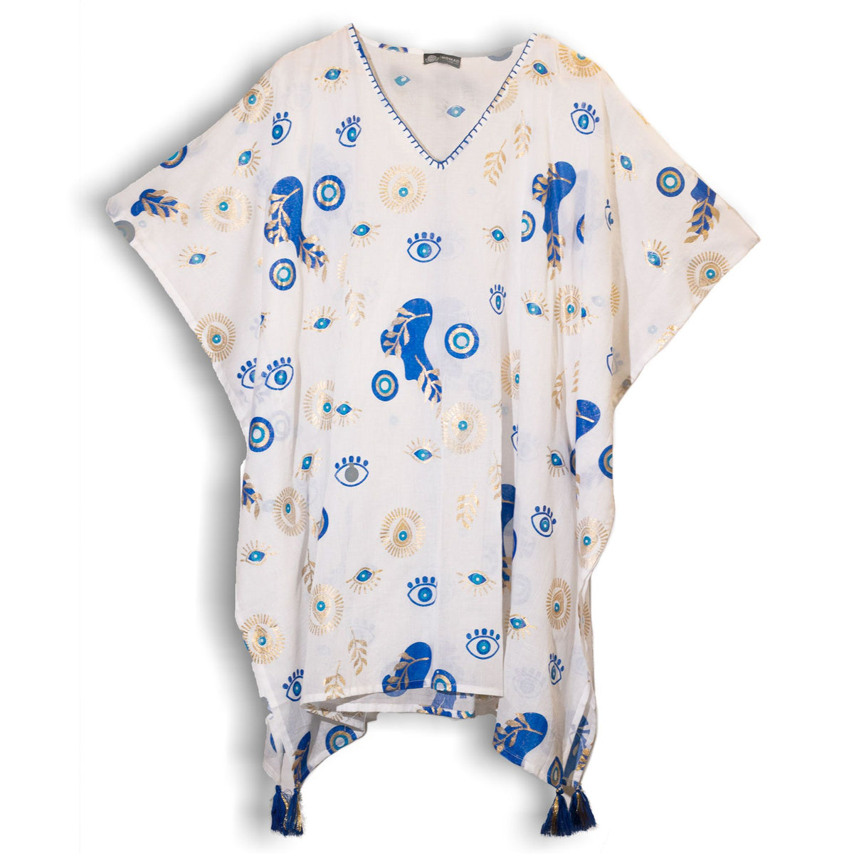 Colección Nómada Sari Mediterráneo - Kaftan - Diseño del Ojo Maligno en Blanco, Azul y Oro - Tienda Online de Productos Naturales y Ecológicos