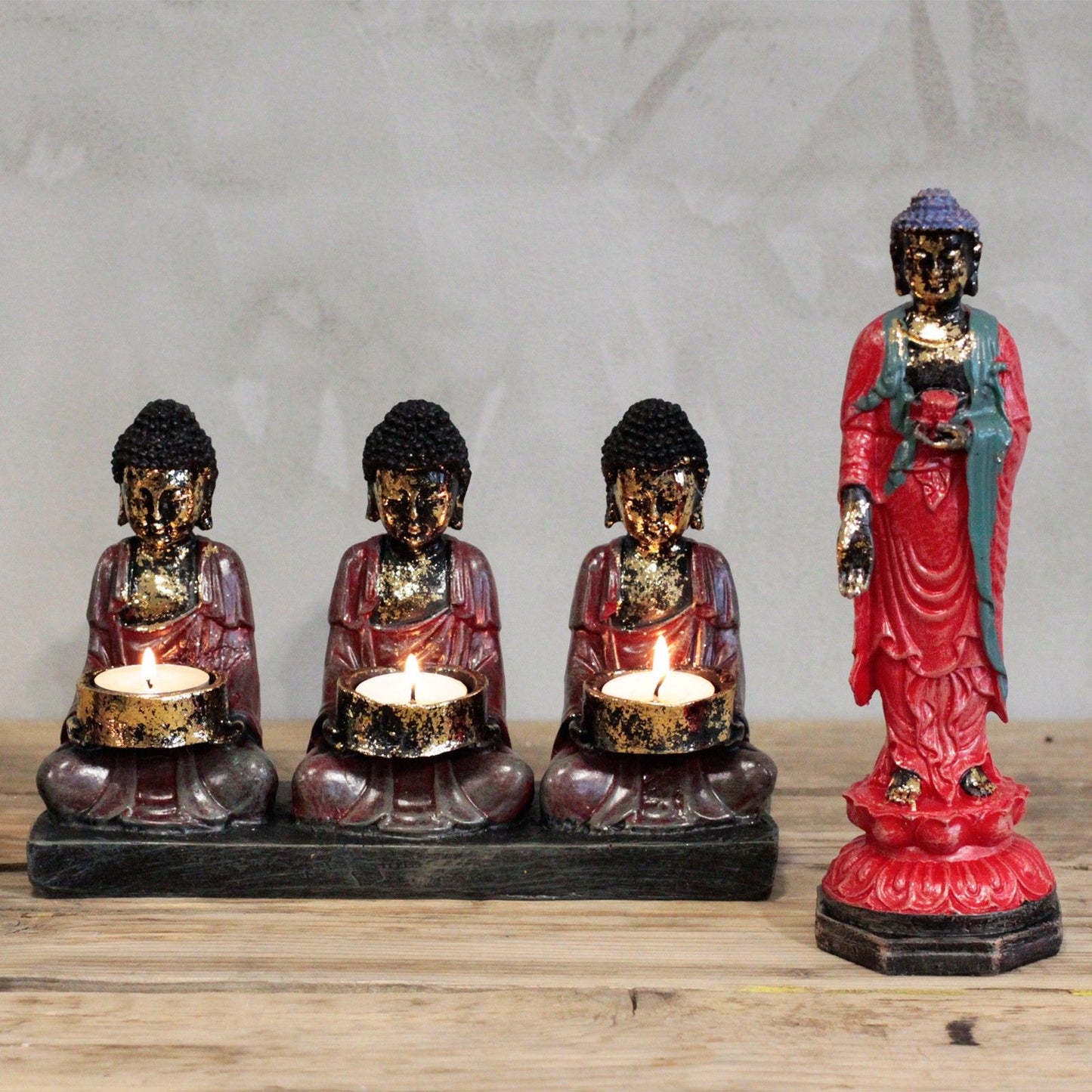Buda antiguo - sostenedor de vela de tres devotos - Tienda Online de Productos Naturales y Ecológicos