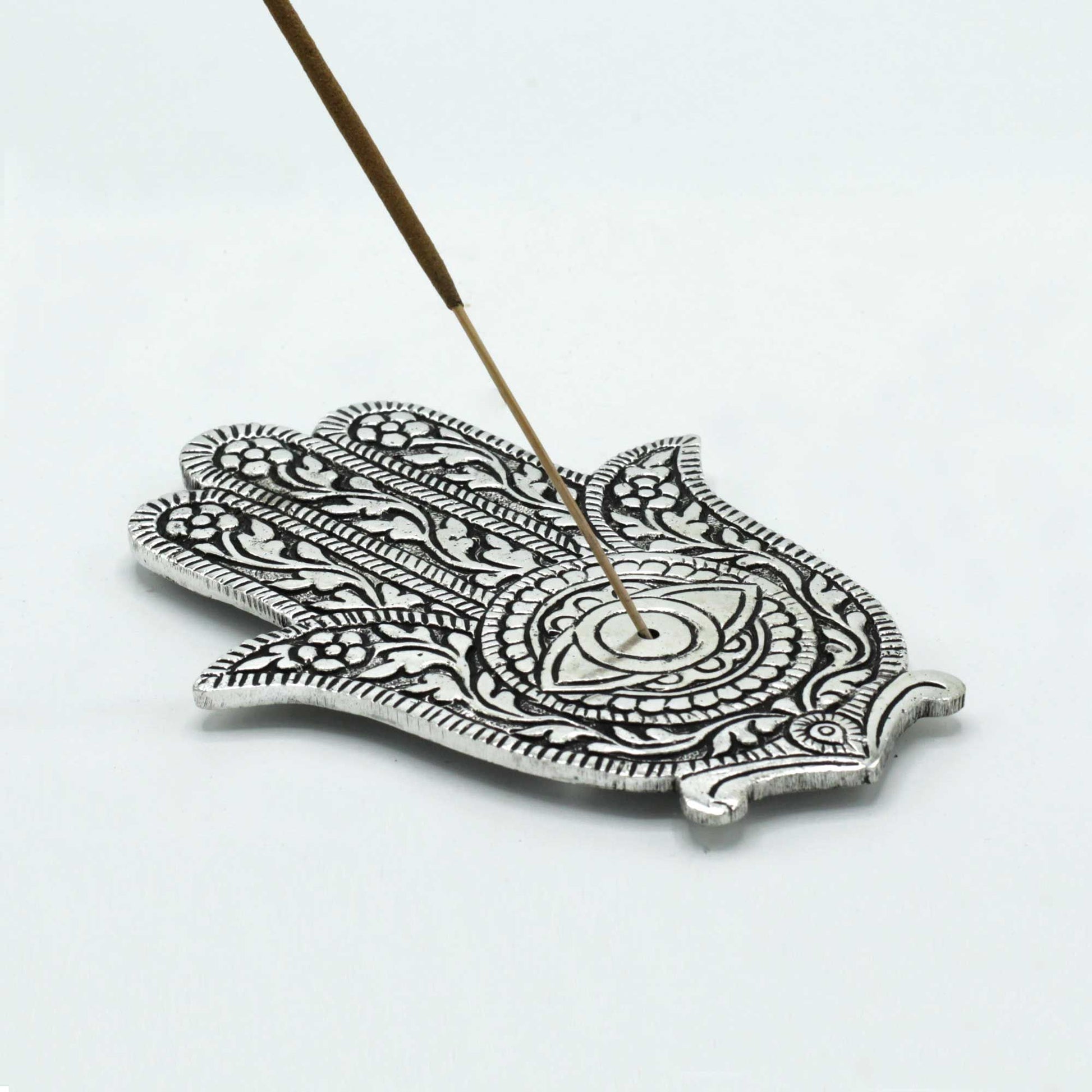 Porta-incienso Hamsa Aluminio Pulido 14cm - Tienda Online de Productos Naturales y Ecológicos