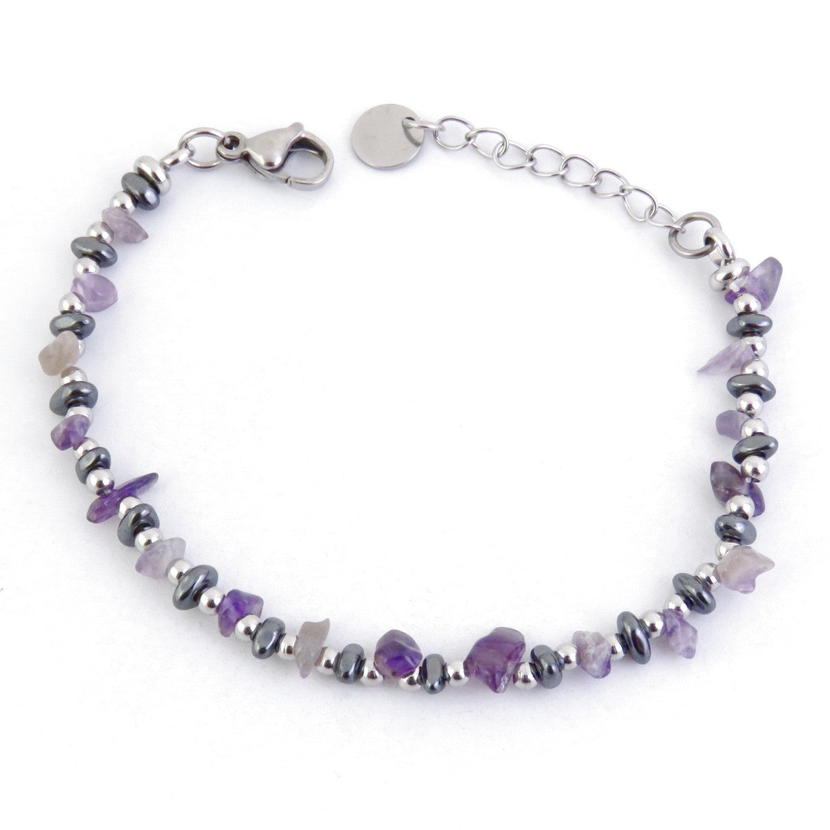PULSERA DE ACERO INOXIDABLE CON CHIPS DE PIEDRA LARGO 17 + 3 CM AMATISTA CON HEMATITE