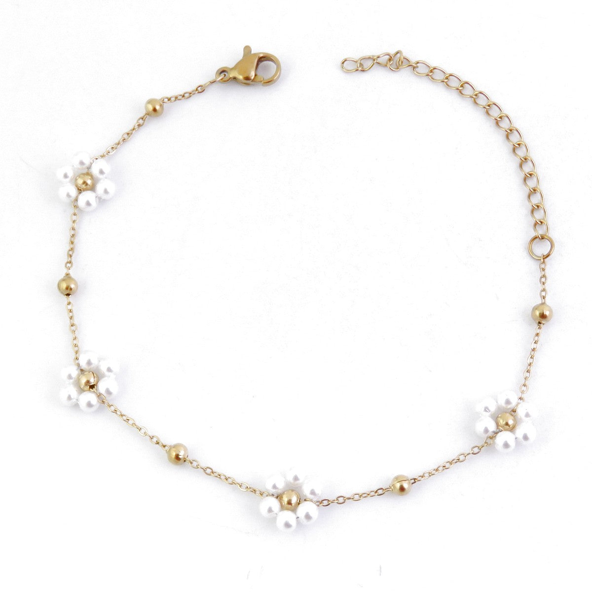 PULSERA DE 17 + 4 CM EN ACERO INOXIDABLE CON FLORES EN PERLA SINTÉTICA